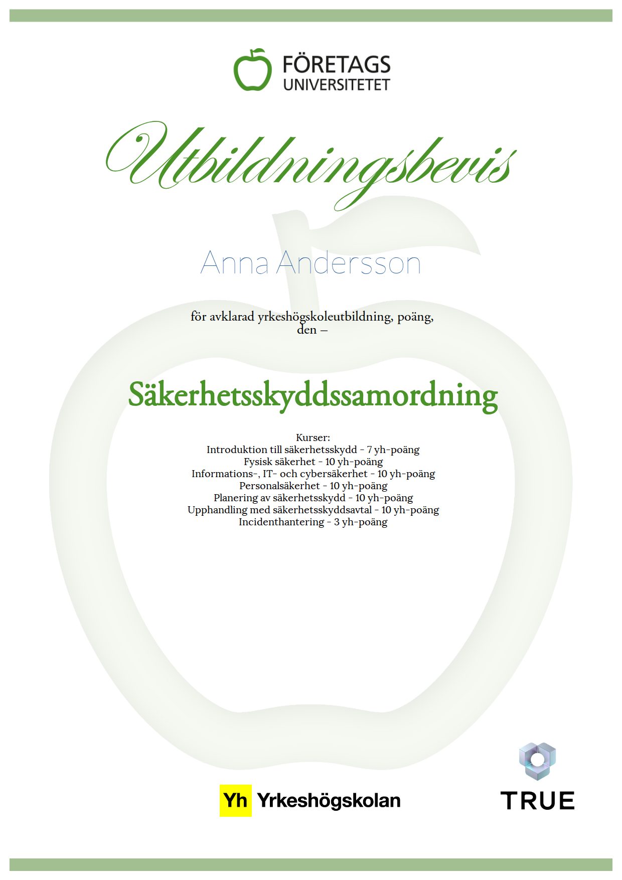 Example certificate for Säkerhetsskyddssamordning from Företagsuniversitetet YH