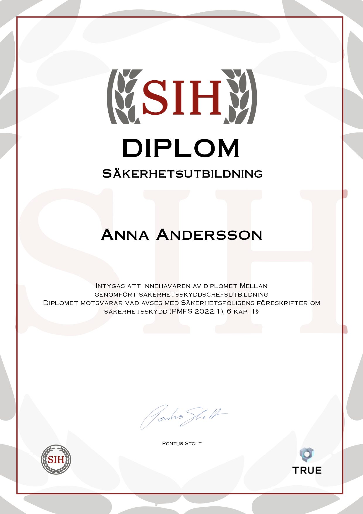 Exempel: diplom för Säkerhetsutbildning från SIH - Stockholms Internationella Handelsskola