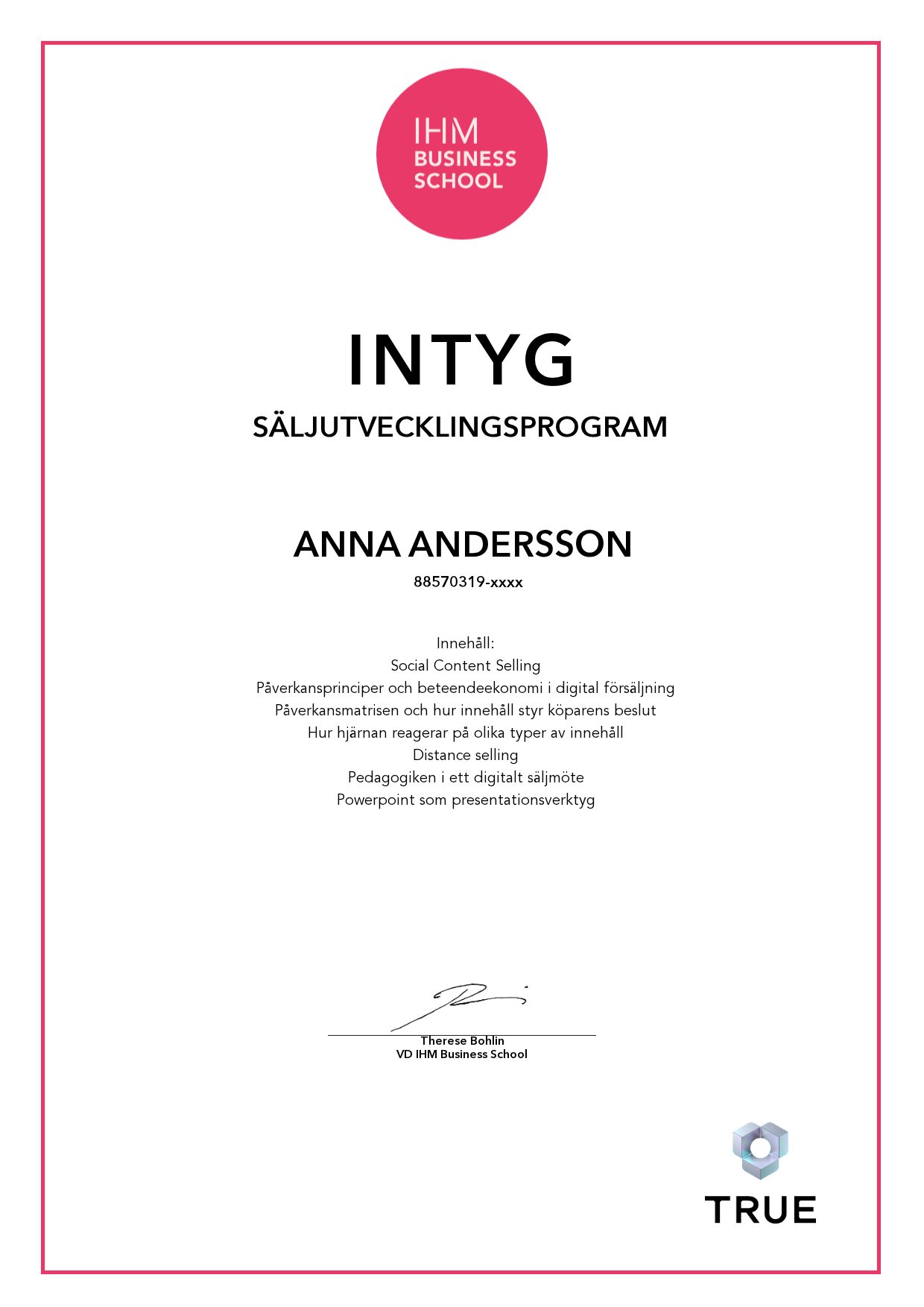 Exempel: diplom för Säljutvecklingsprogram från IHM Business School