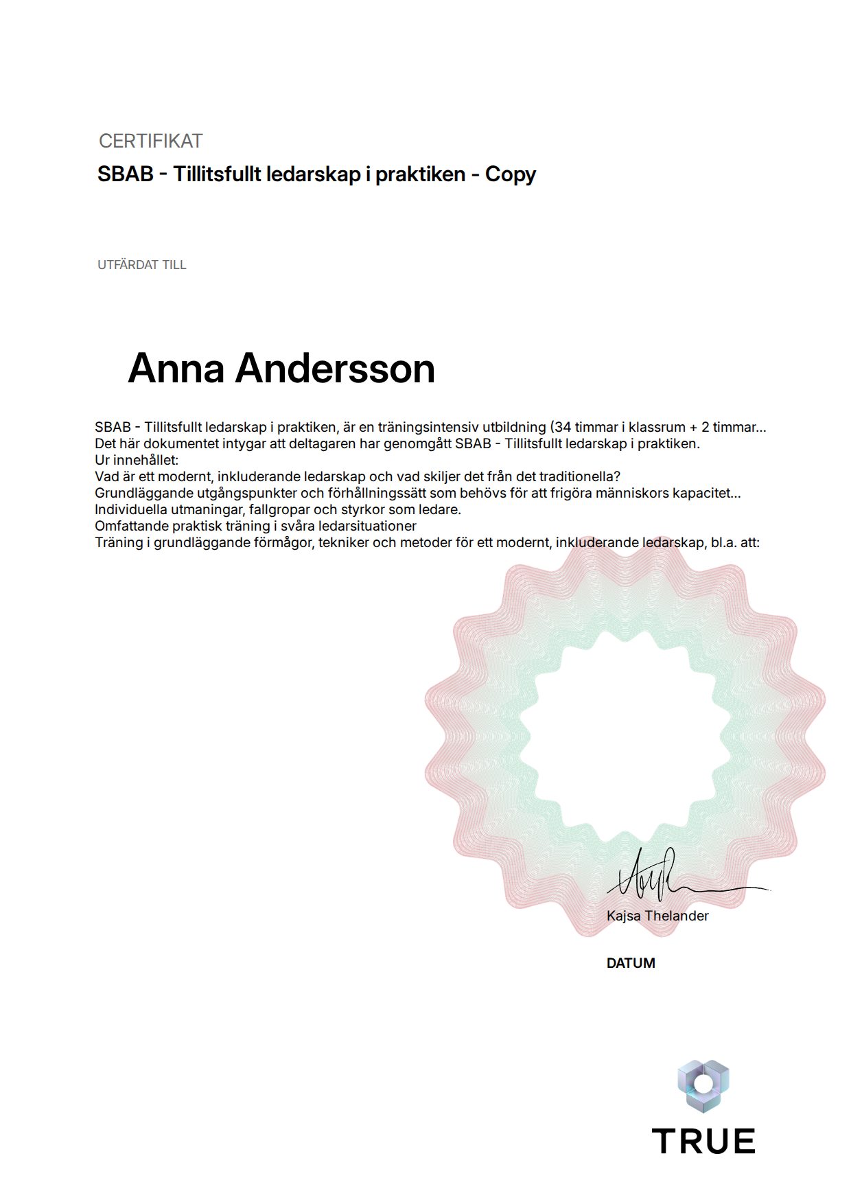 Exempel: diplom för SBAB - Tillitsfullt ledarskap i praktiken - Copy från Tuff ledarskapsträning