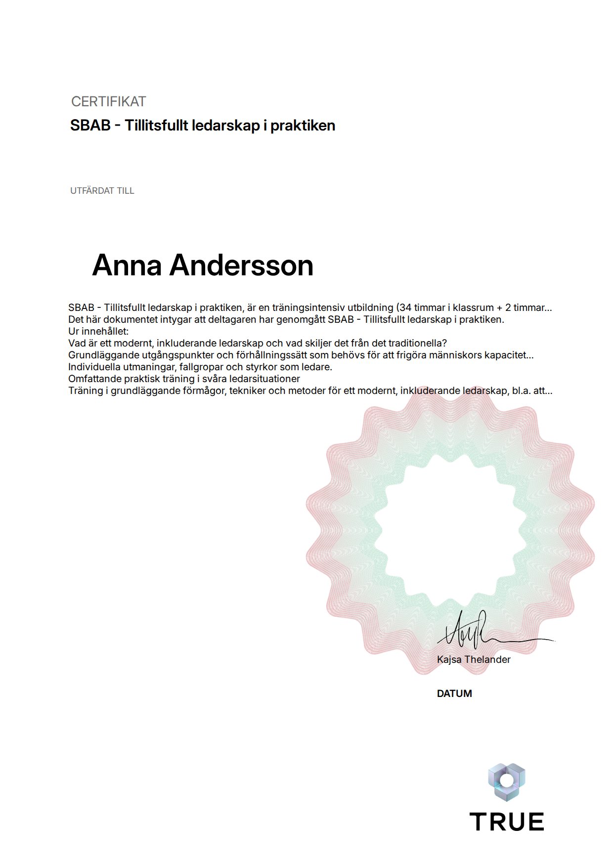 Exempel: diplom för SBAB - Tillitsfullt ledarskap i praktiken från Tuff ledarskapsträning