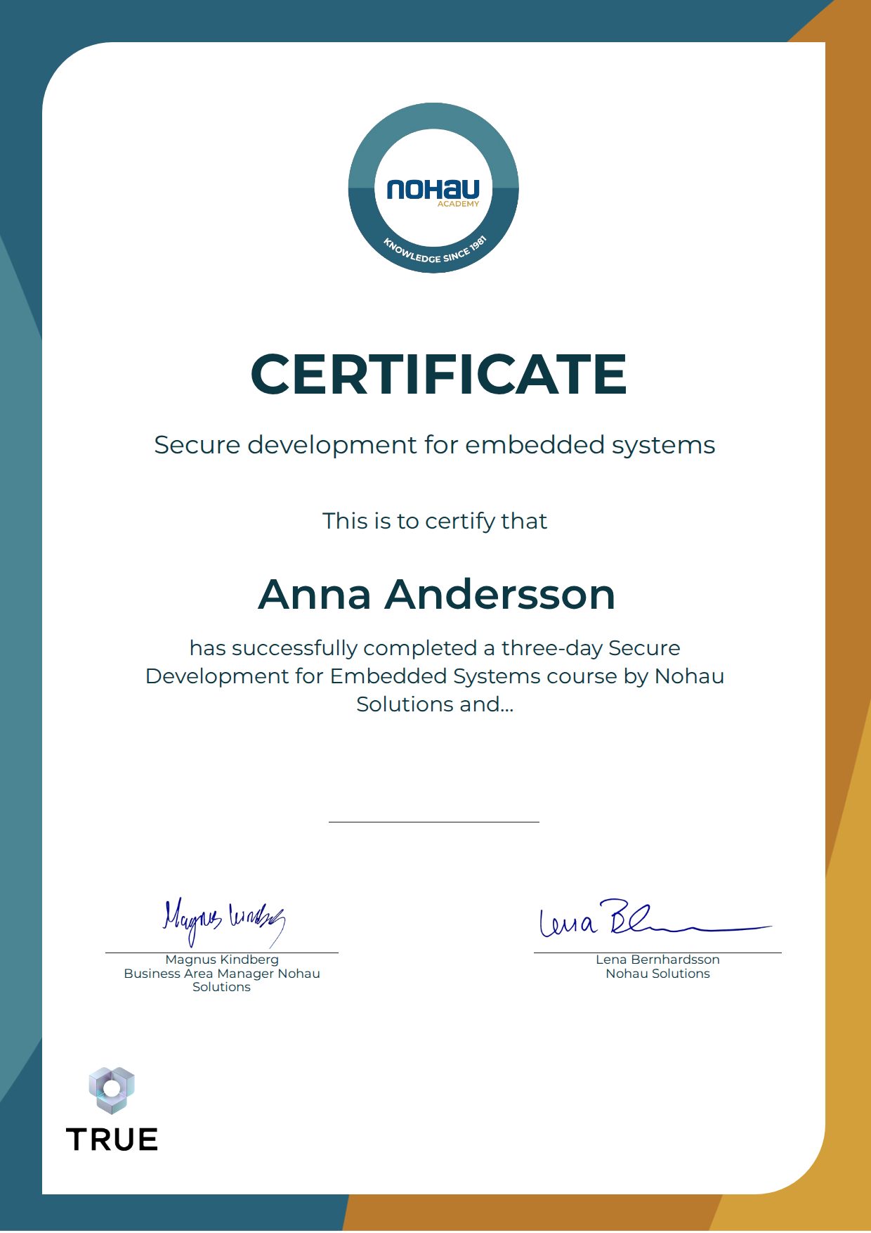 Exempel: diplom för Secure development for embedded systems från Nohau Academy