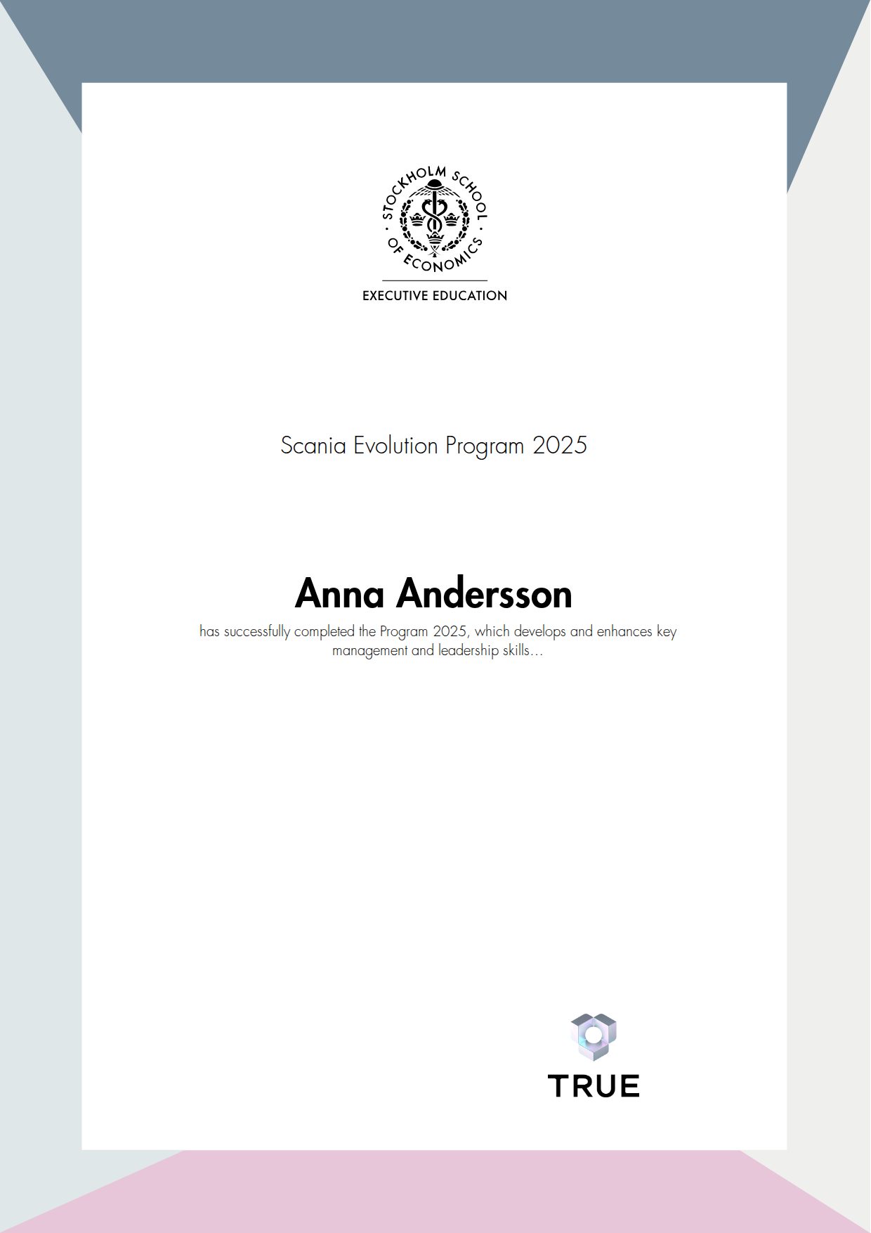 Example certificate for Scania Evolution Program 2025 from SSE - Handelshögskolan Executive Education