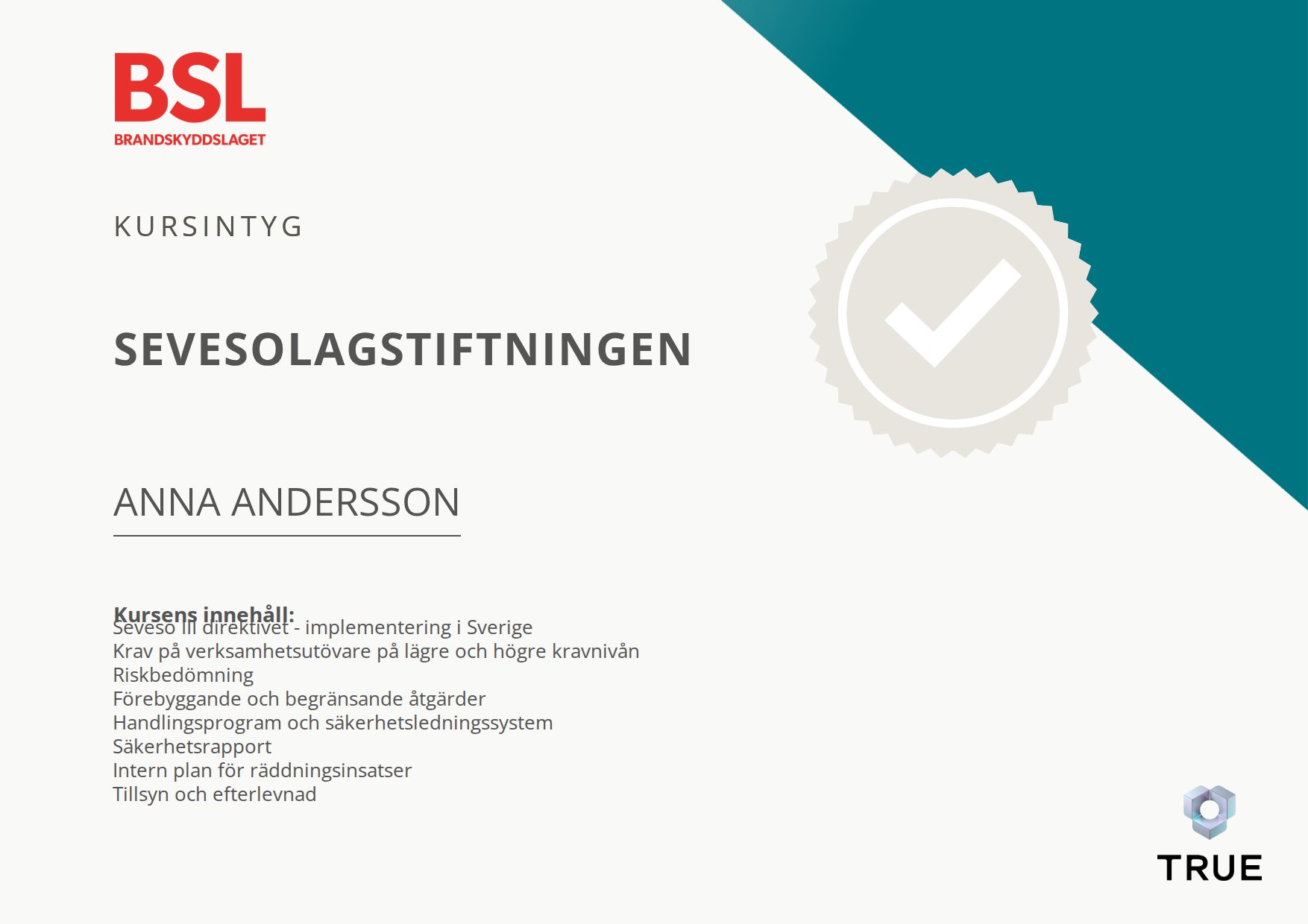 Exempel: diplom för Sevesolagstiftningen från Brandskyddslaget AB