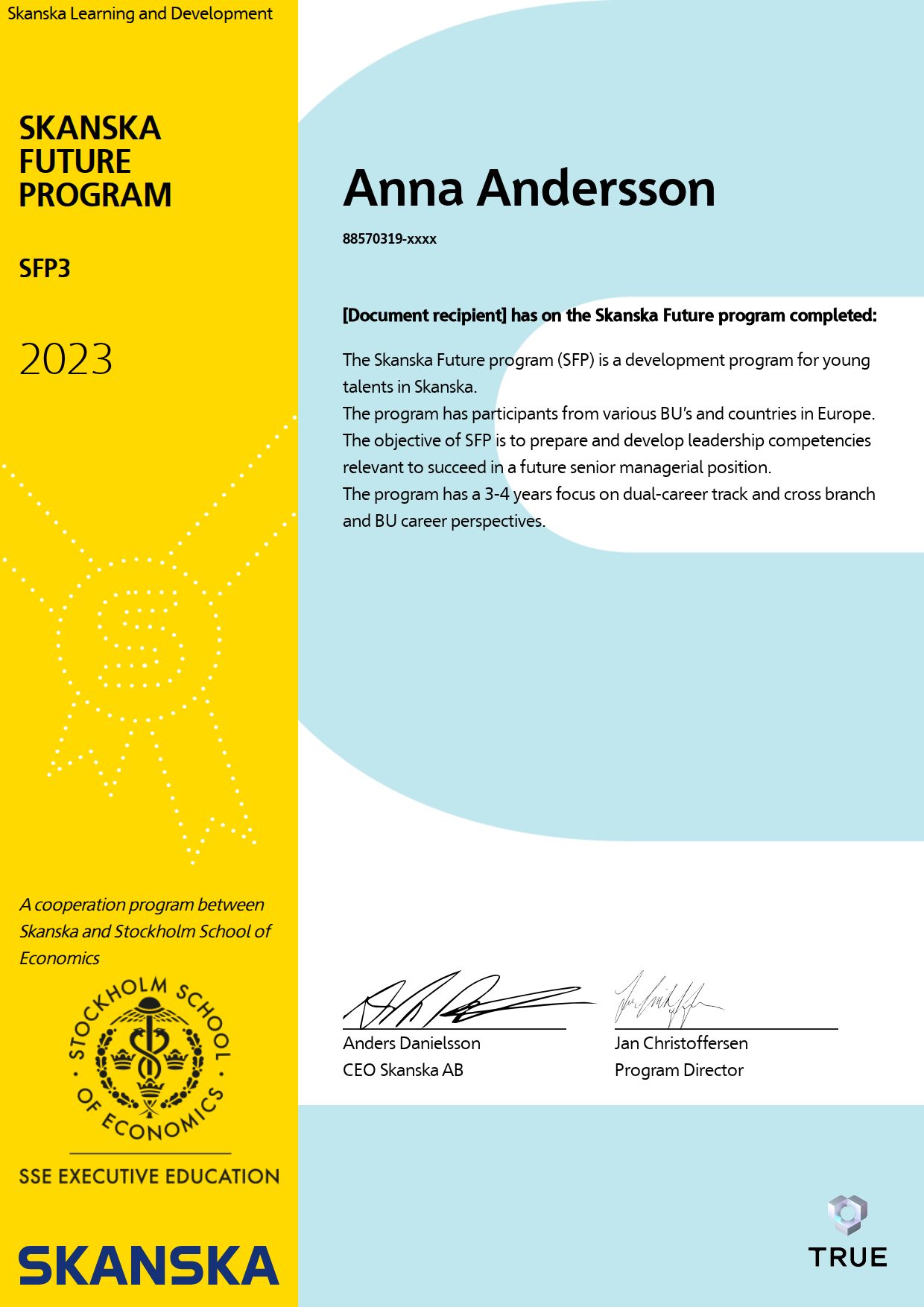Exempel: diplom för SFP 4 från Skanska