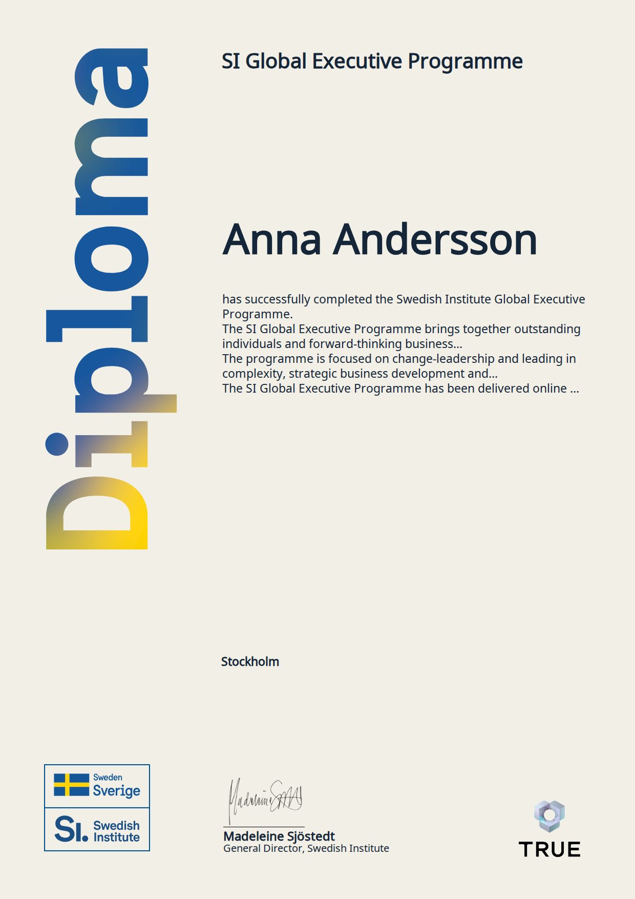 Exempel: diplom för SI Global Executive Programme från SI - Swedish Institue