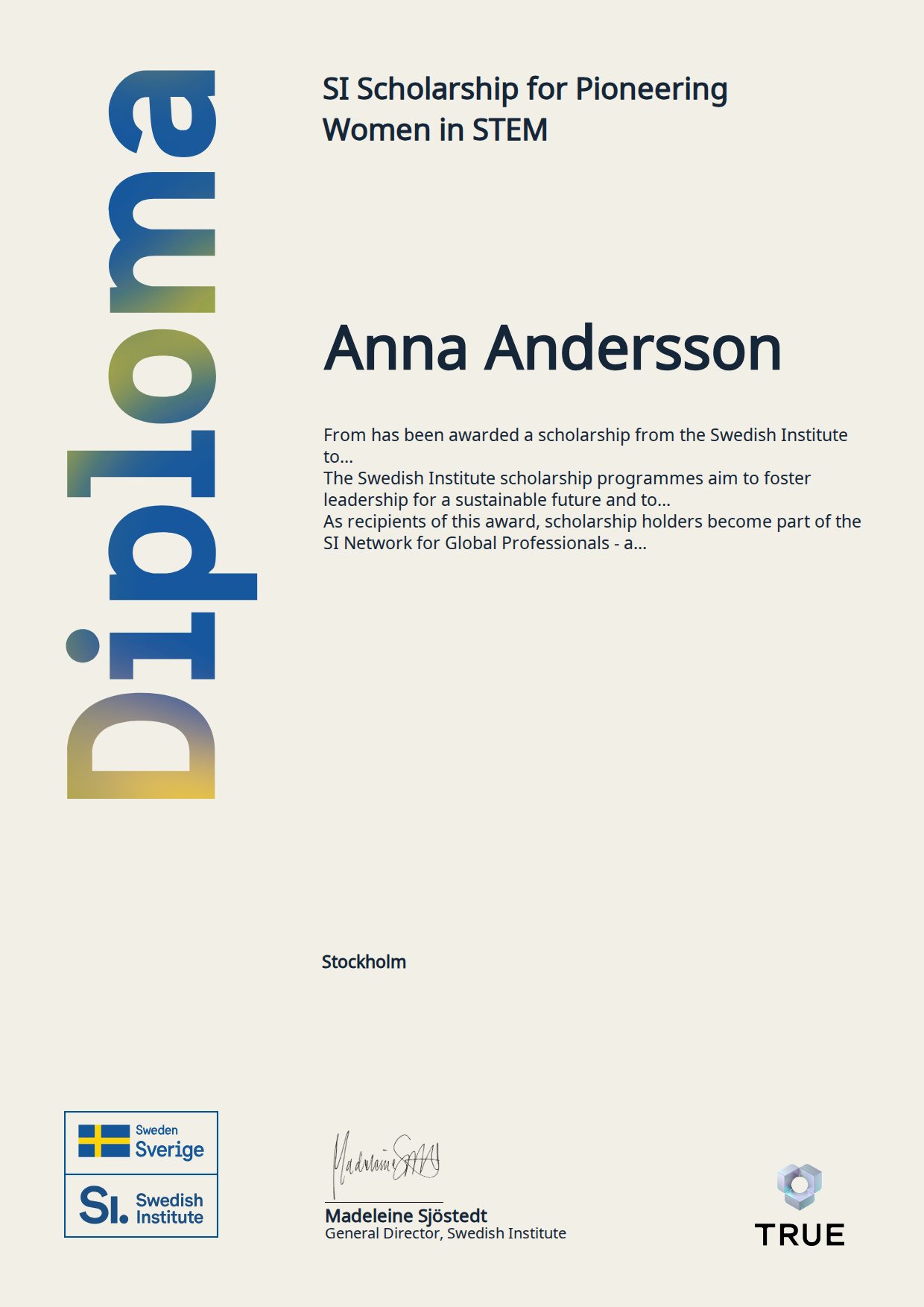 Example certificate for SI Scholarship for Pioneering Women in STEM from SI - Swedish Institue