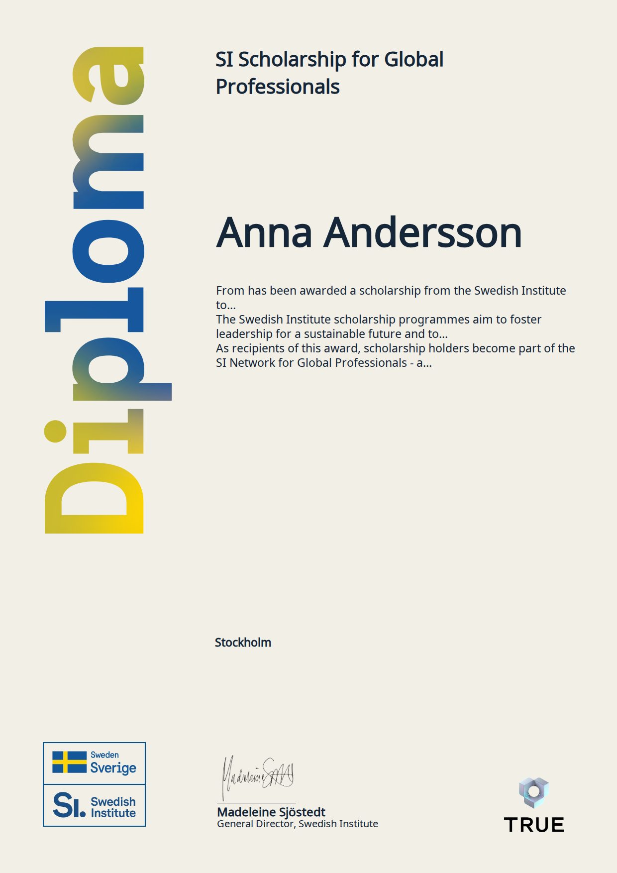 Exempel: diplom för SI Scholarship for Global Professionals från SI - Swedish Institue