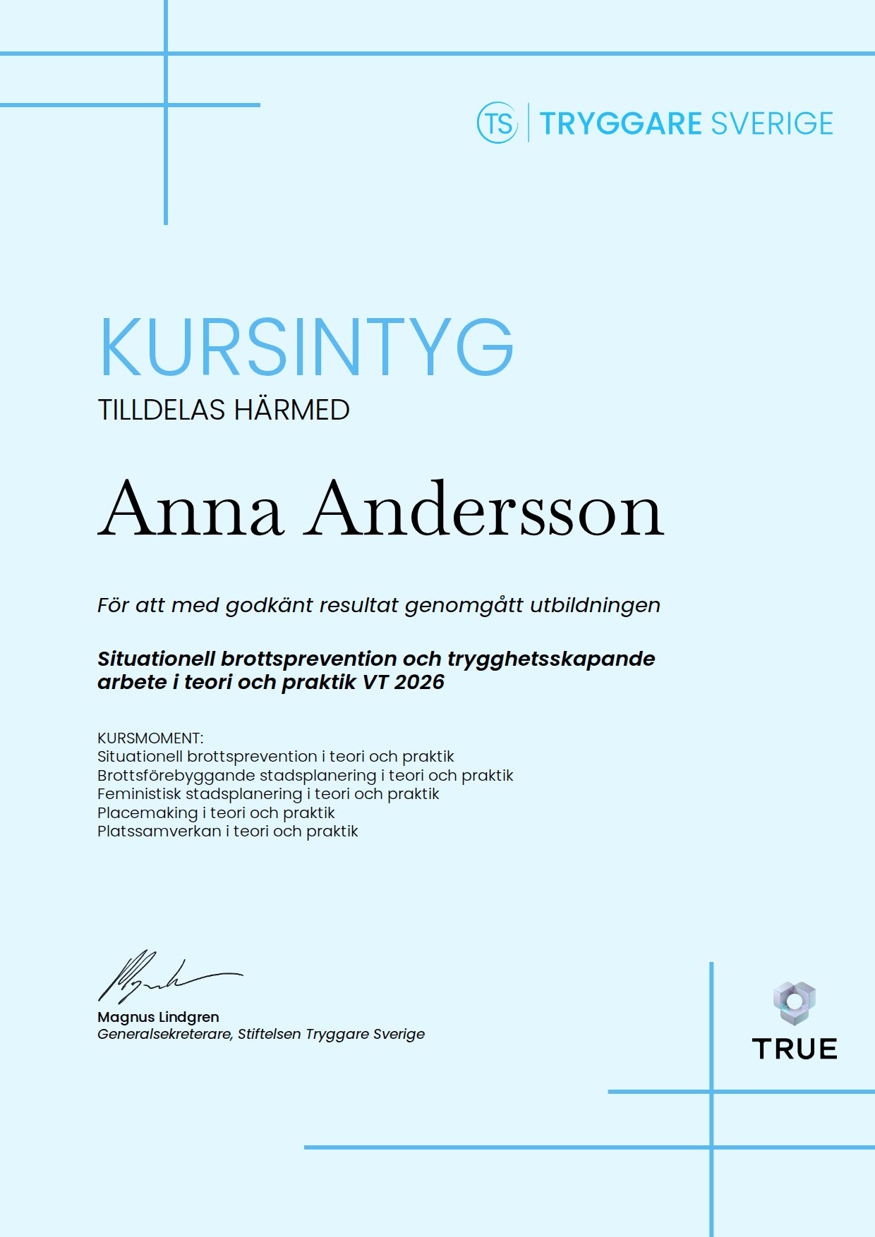Example certificate for Situationell brottsprevention och trygghetsskapande arbete i teori och praktik VT 2026 from Stiftelsen Tryggare Sverige