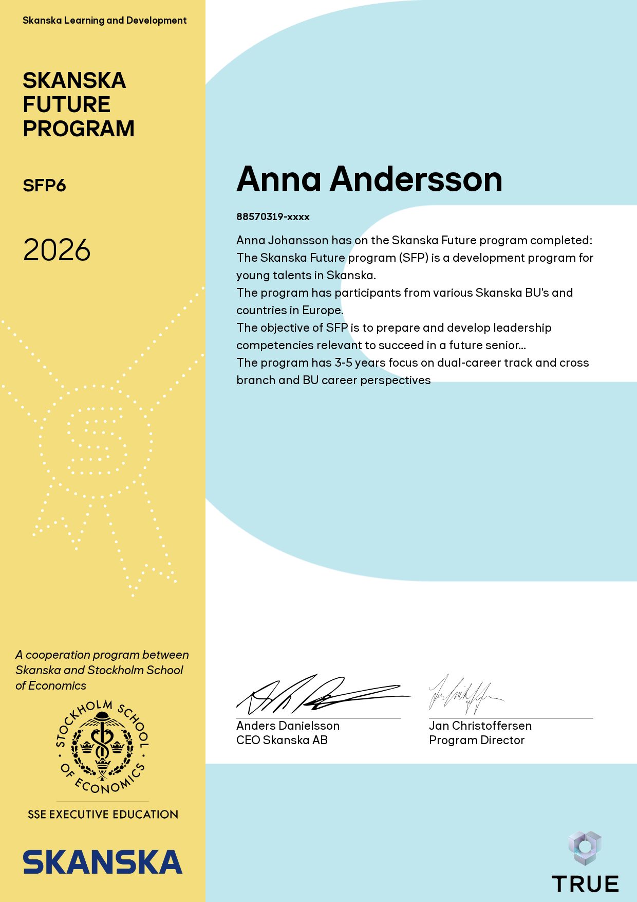 Exempel: diplom för Skanska Future Program från Skanska