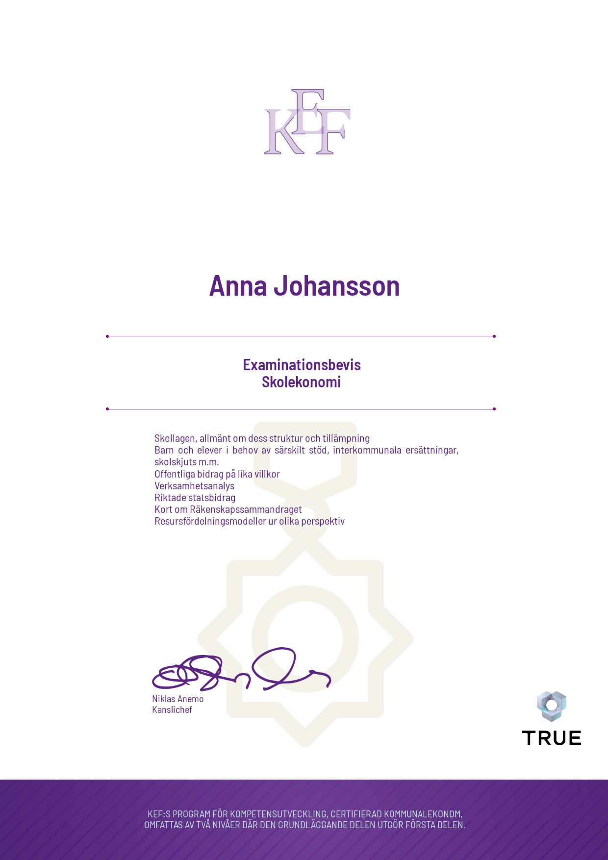 Exempel: diplom för Skolekonomi från KEF - Kommualekonomernas förening