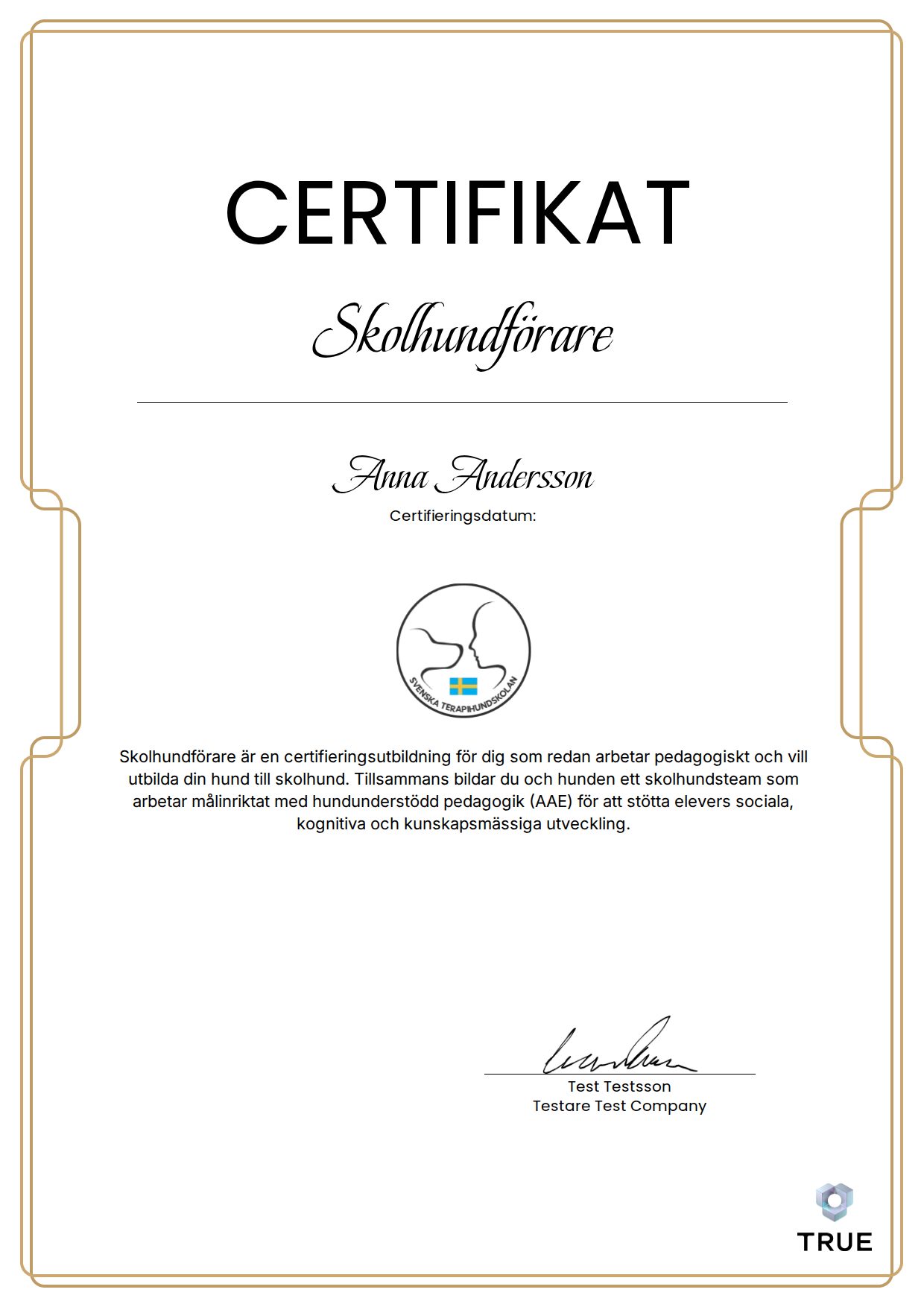 Example certificate for Skolhundförare from Svenska Terapihundskolan