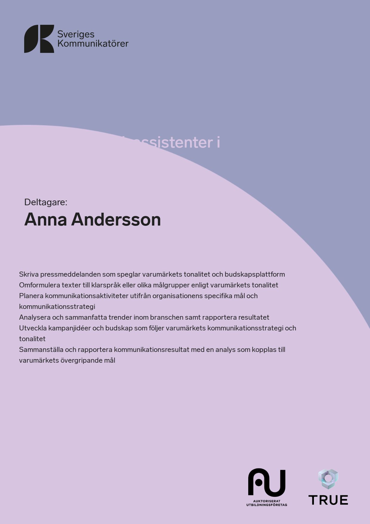 Exempel: diplom för Skräddarsy AI-assistenter i ChatGPT från Sveriges Kommunikatörer