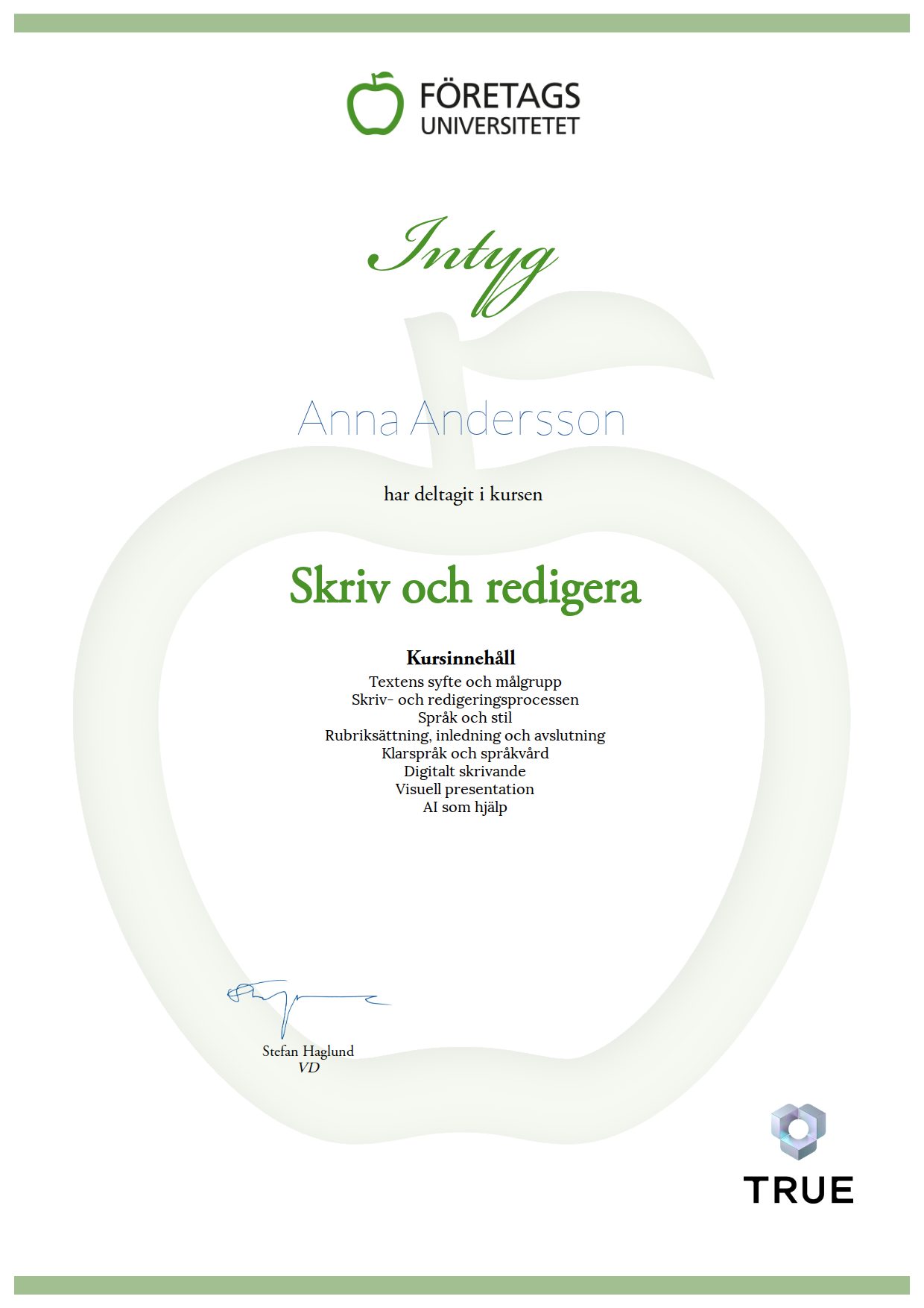 Exempel: diplom för Skriv och redigera från Företagsuniversitetet
