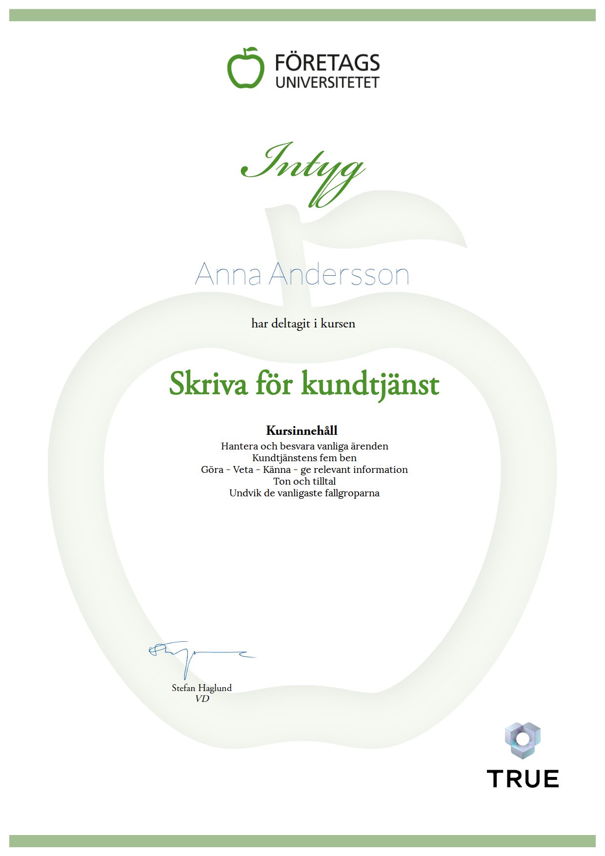 Exempel: diplom för Skriva för kundtjänst från Företagsuniversitetet
