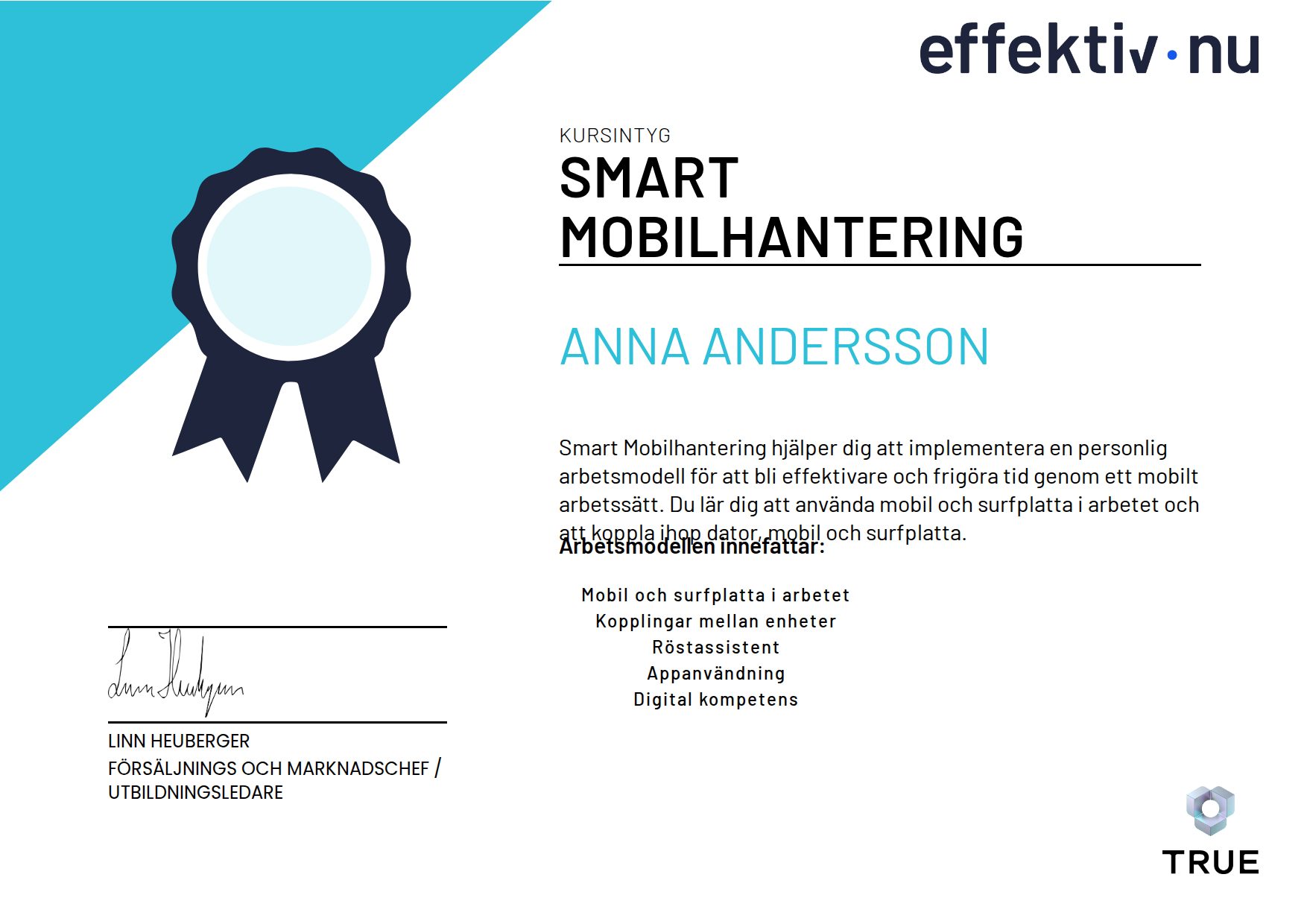 Exempel: diplom för Smart Mobilhantering från Effektiv nu