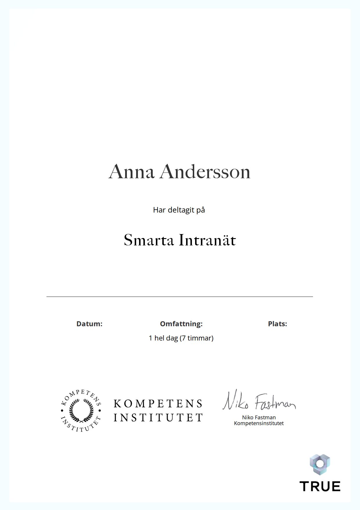 Exempel: diplom för Smarta Intranät från Kompetensinstitutet