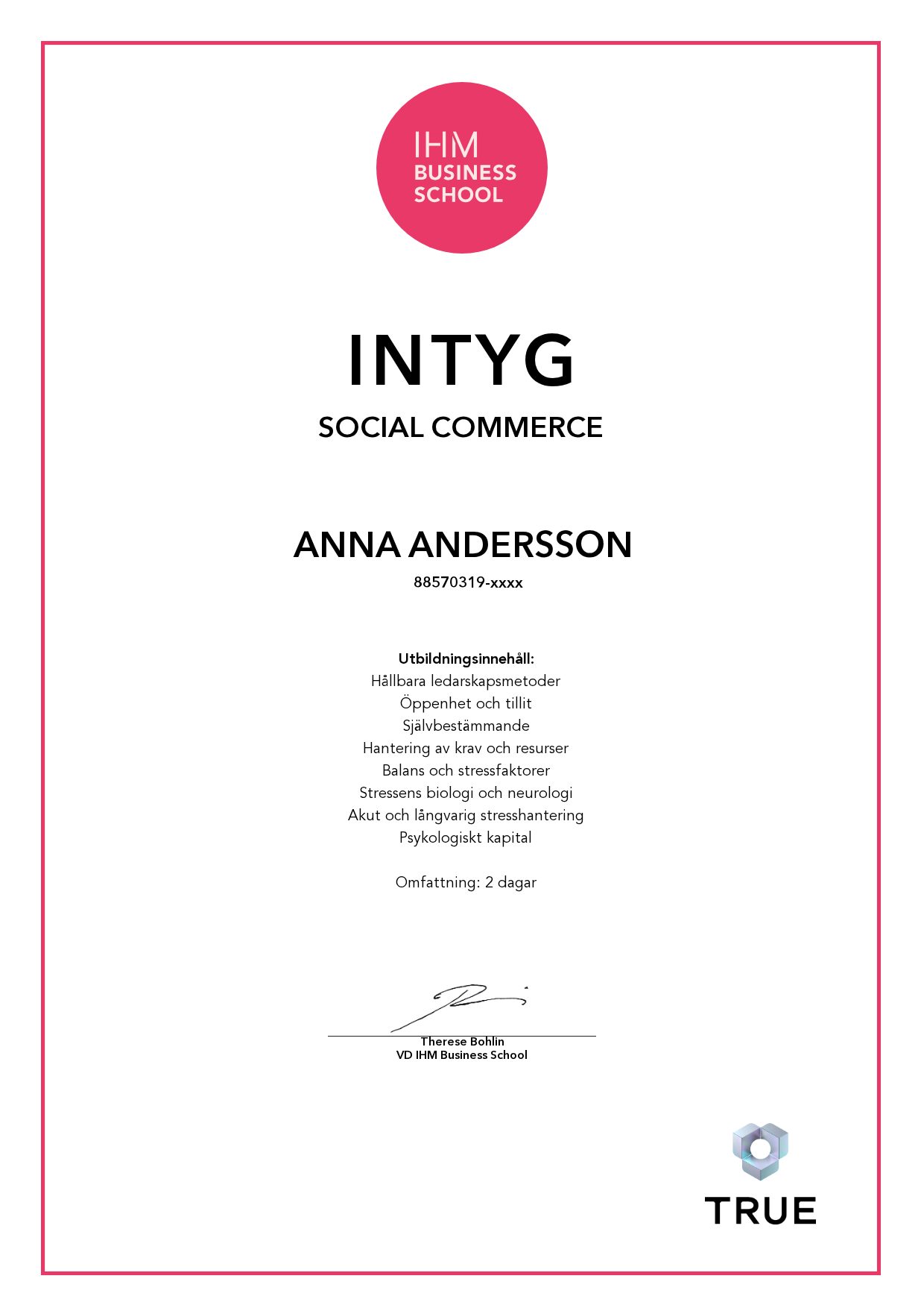 Exempel: diplom för Social Commerce från IHM Business School