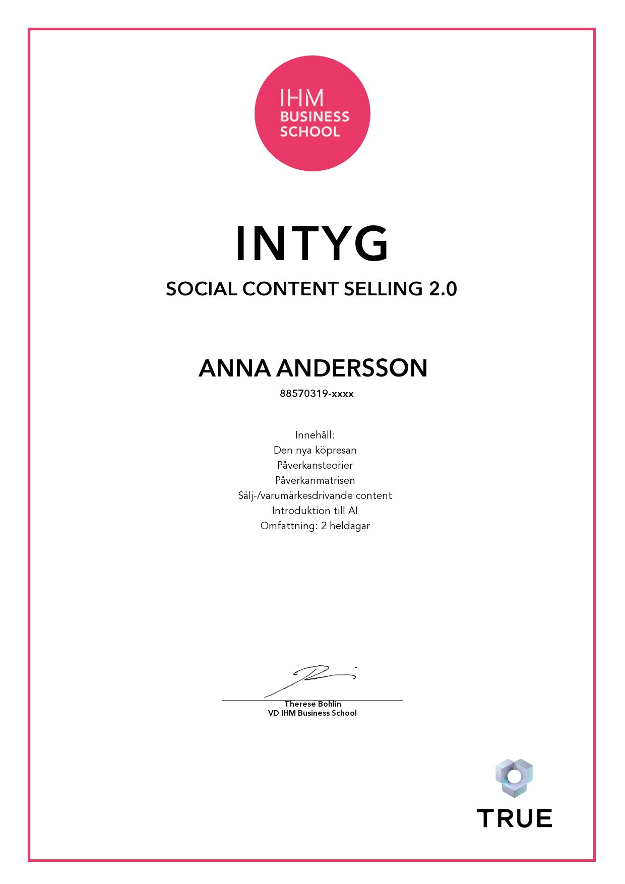 Exempel: diplom för Social content selling 2.0 från IHM Business School