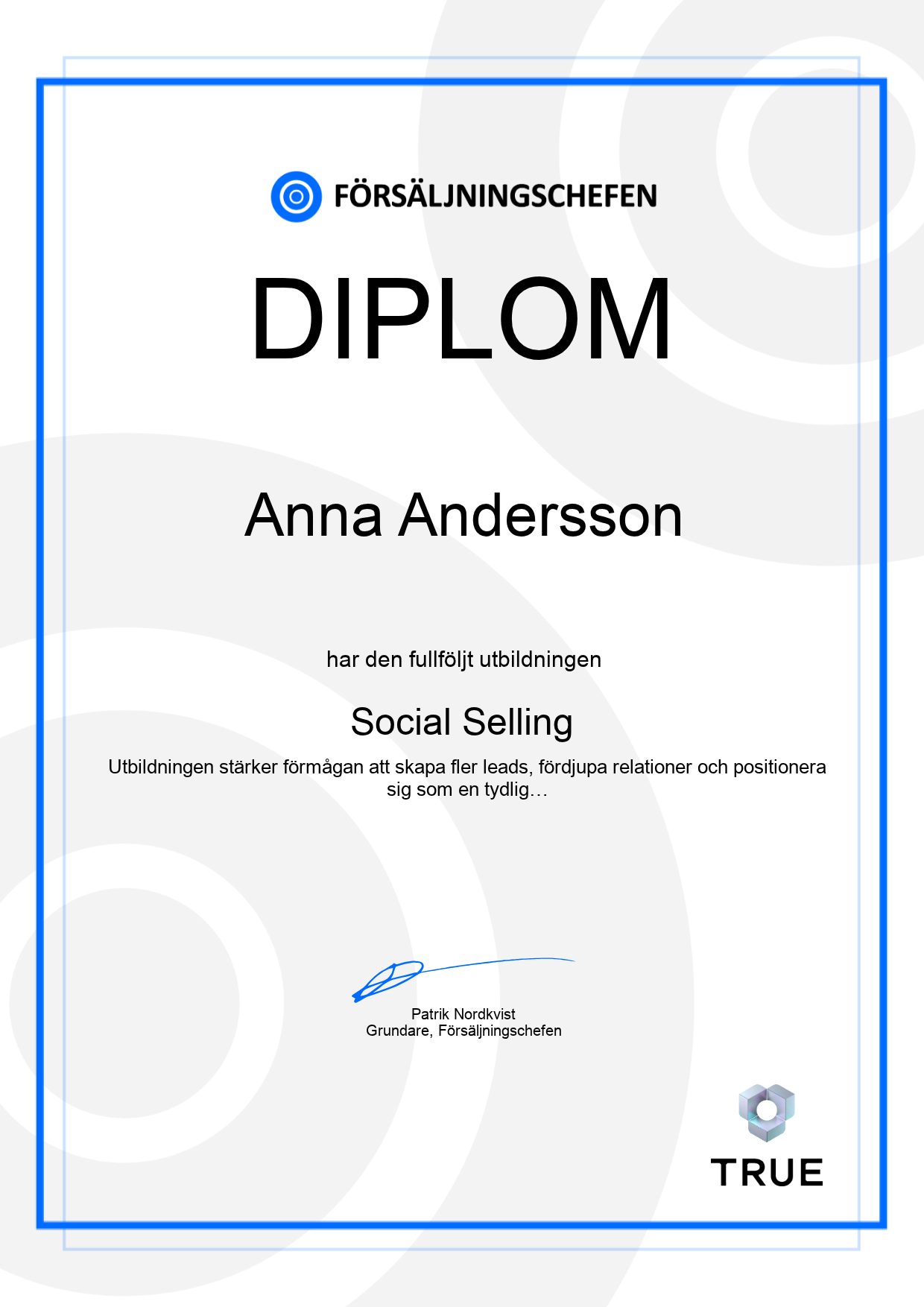 Exempel: diplom för Social Selling från Försäljningschefen