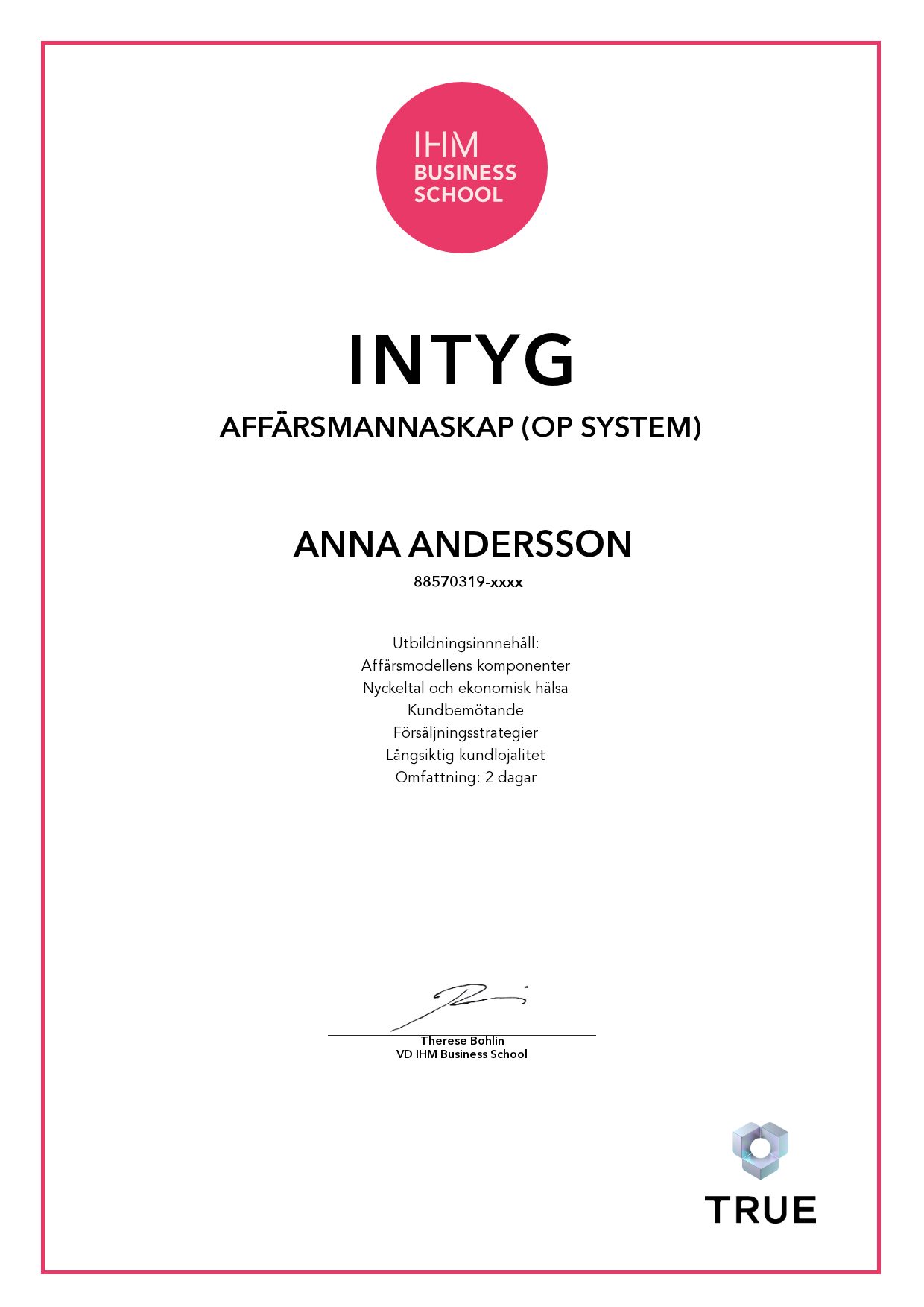 Exempel: diplom för Affärsmannaskap (OP System) från IHM Business School