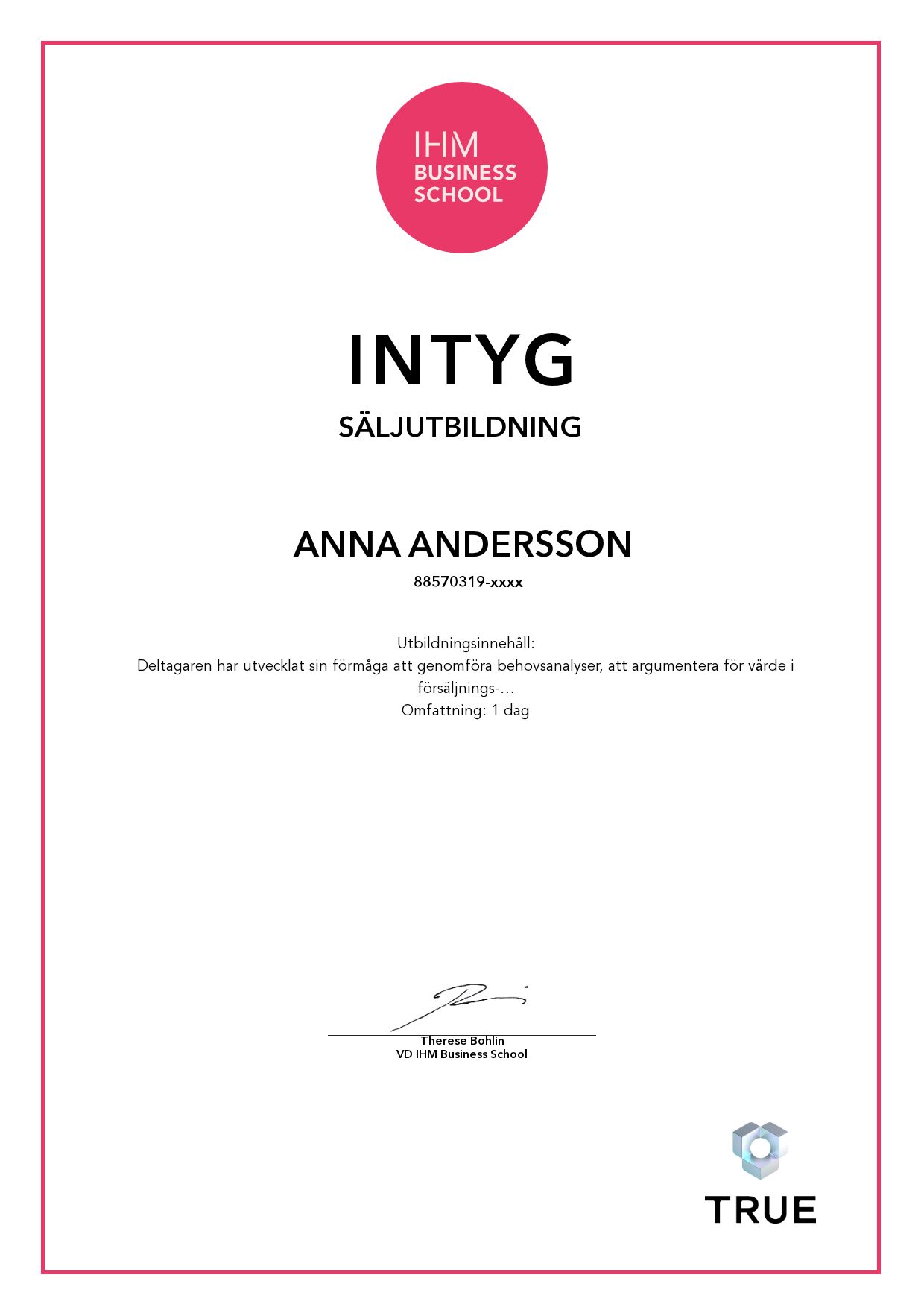 Exempel: diplom för Säljutbildning från IHM Business School