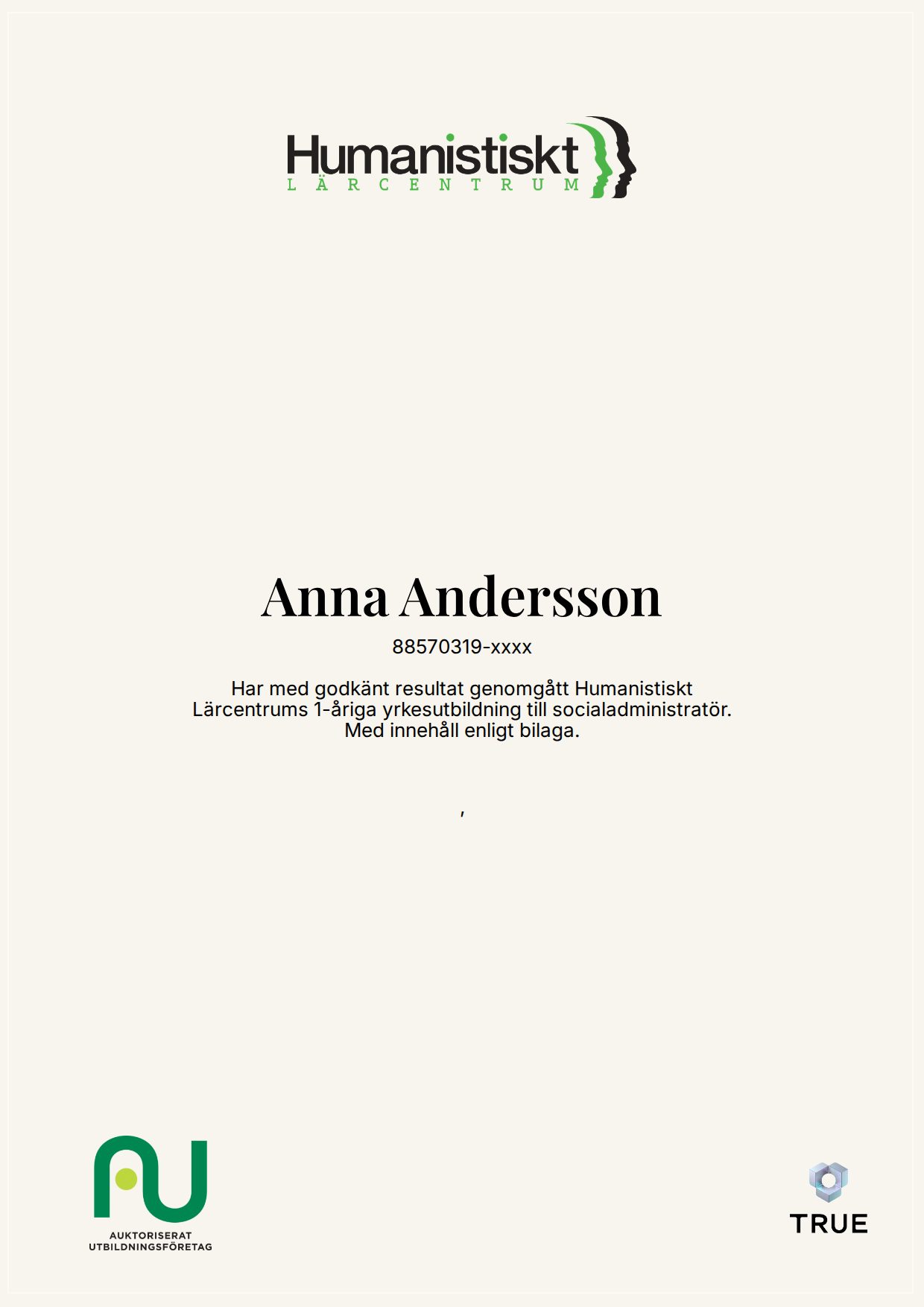 Exempel: diplom för Socialadministratör från Humanistiskt Lärocentrum -Humanistcentrum