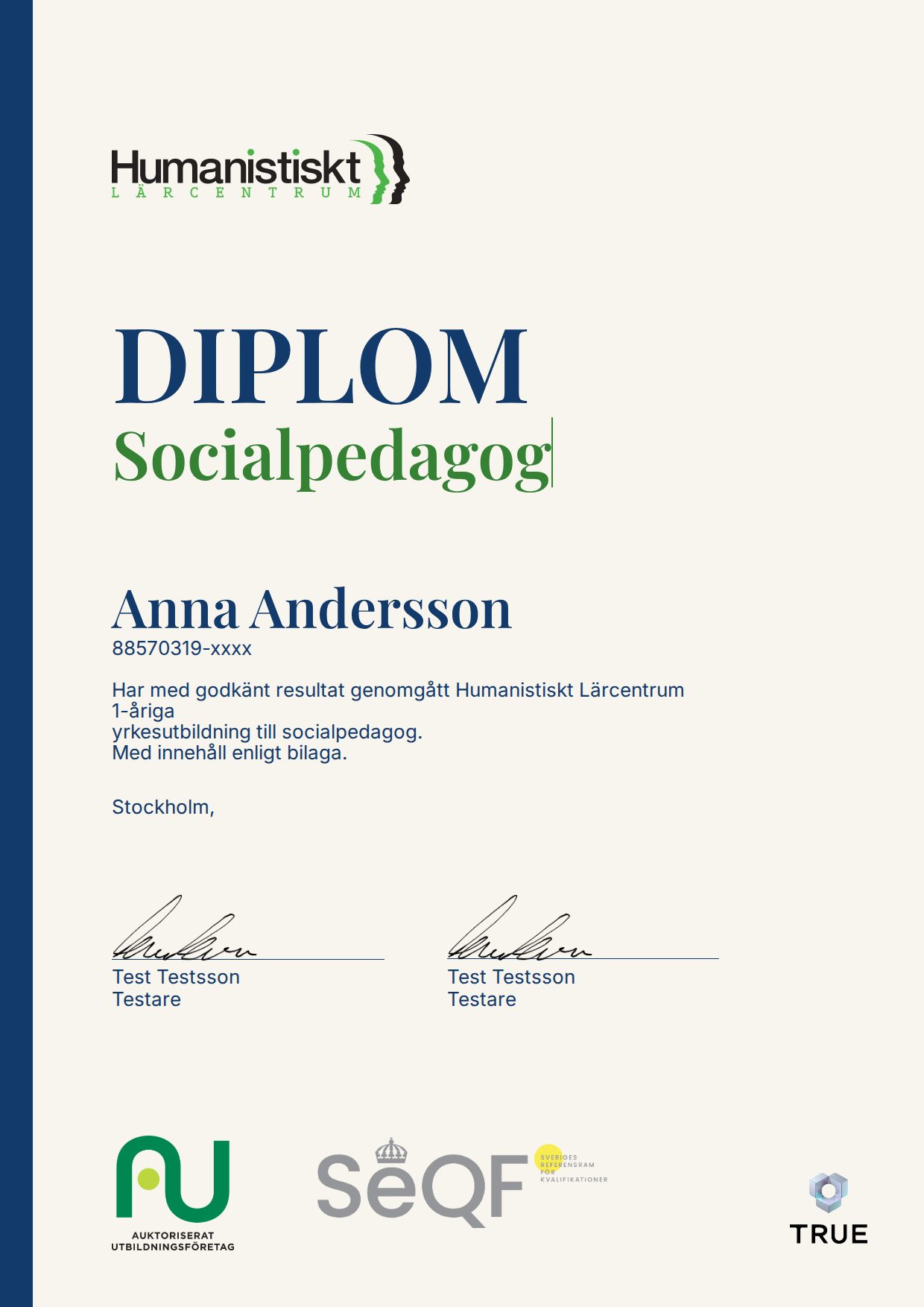 Example certificate for Socialpedagog from Humanistiskt Lärocentrum -Humanistcentrum