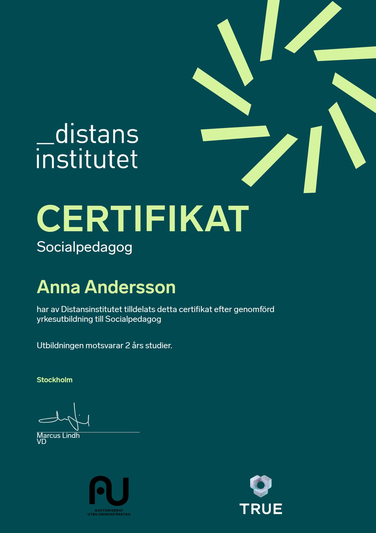 Exempel: diplom för Socialpedagog från Distansinstitutet Sverige AB
