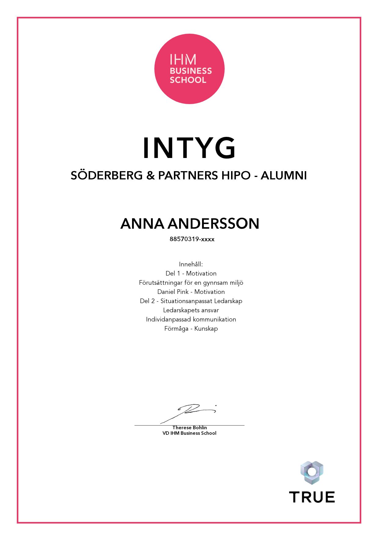 Example certificate for Söderberg & Partners HIPO - Alumni from IHM Business School