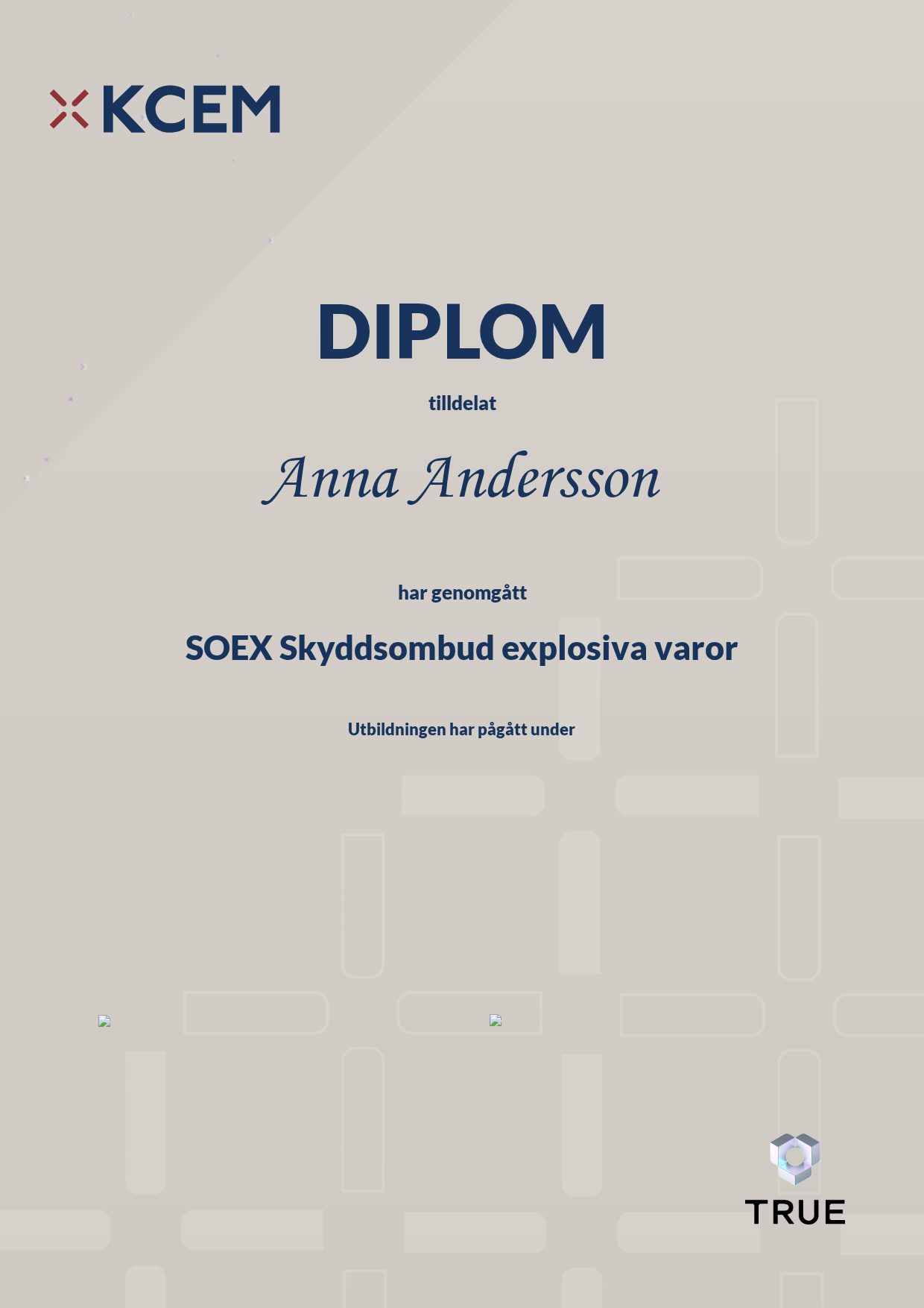 Exempel: diplom för SOEX
Skyddsombud explosiva varor från KCEM – explosiva ämnen