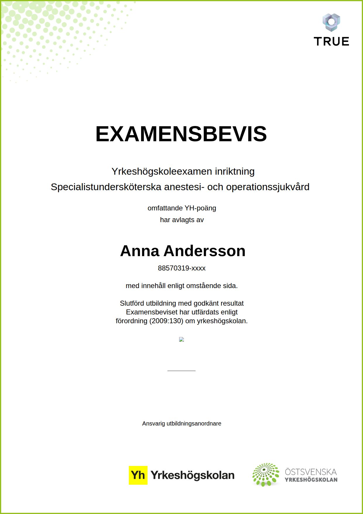 Example certificate for Specialistundersköterska anestesi- och operationssjukvård from Östsvenska Yrkeshögskolan