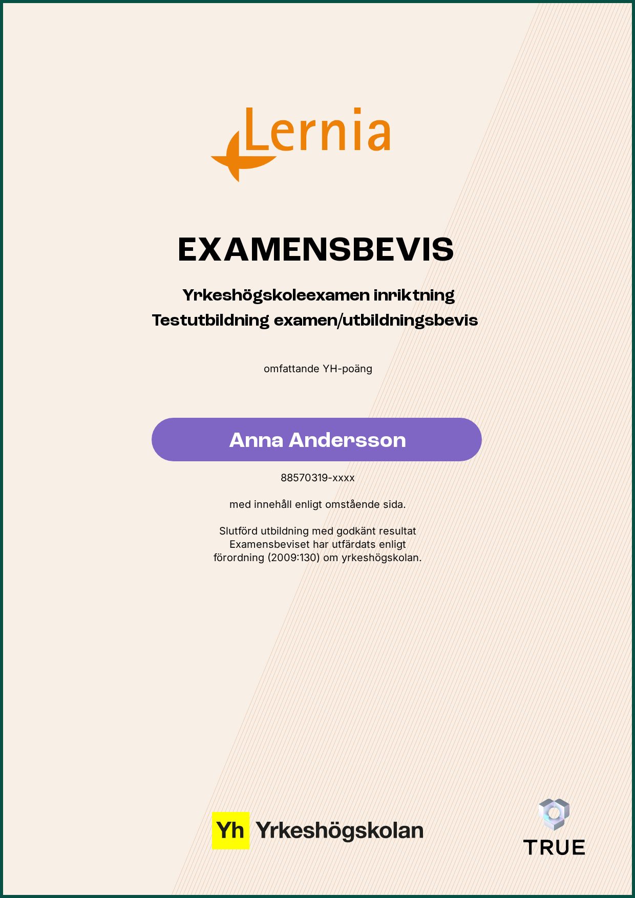 Exempel: diplom för Specialistundersköterska inom psykiatri från Lernia Utbildning