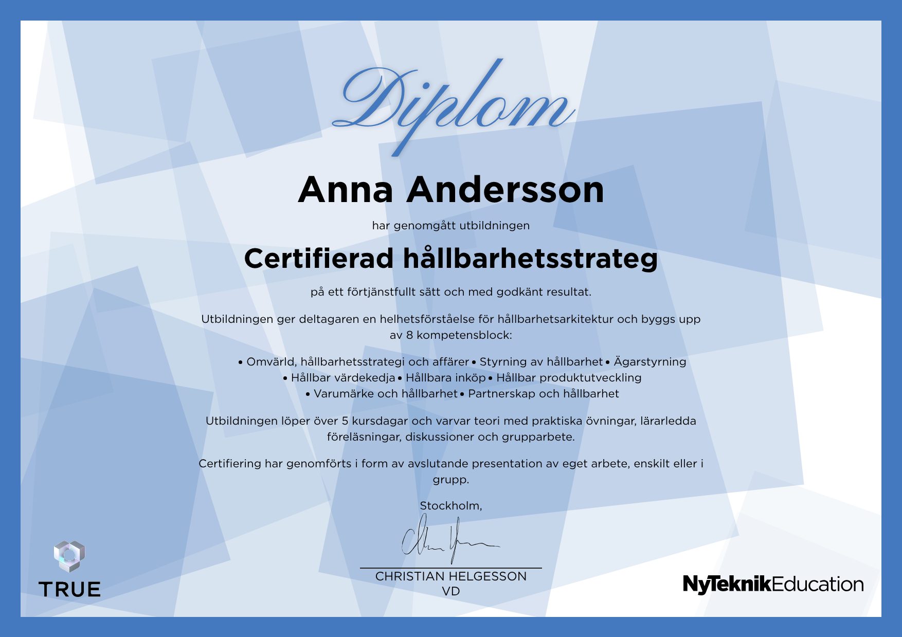 Exempel: diplom för Styrmodell för agila organisationer från Ny Teknik Education