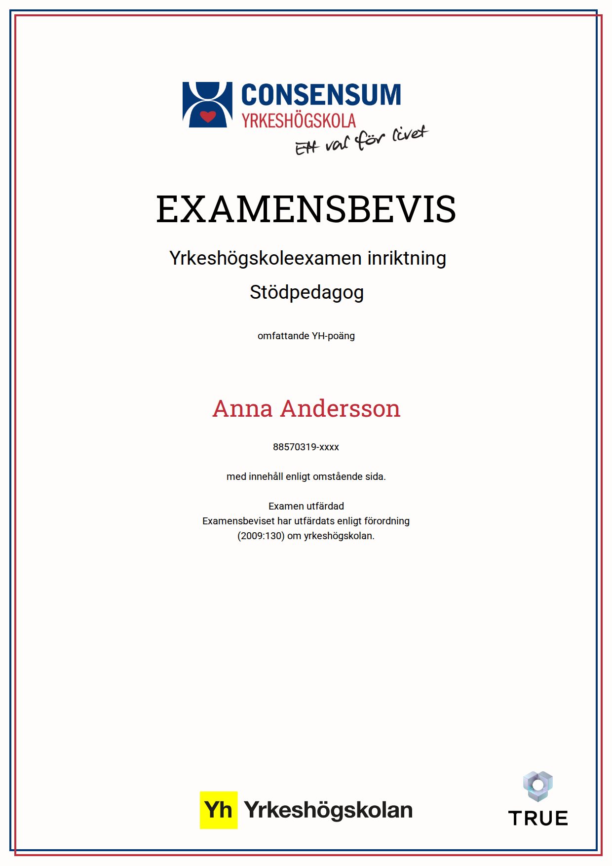 Example certificate for Stödpedagog from Consensum Yrkeshögskola
