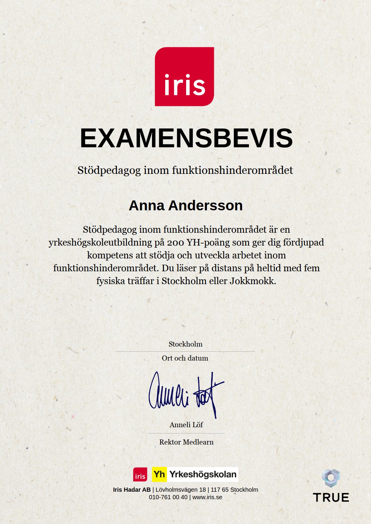 Example certificate for Stödpedagog inom funktionshinderområdet from IRIS - Iris