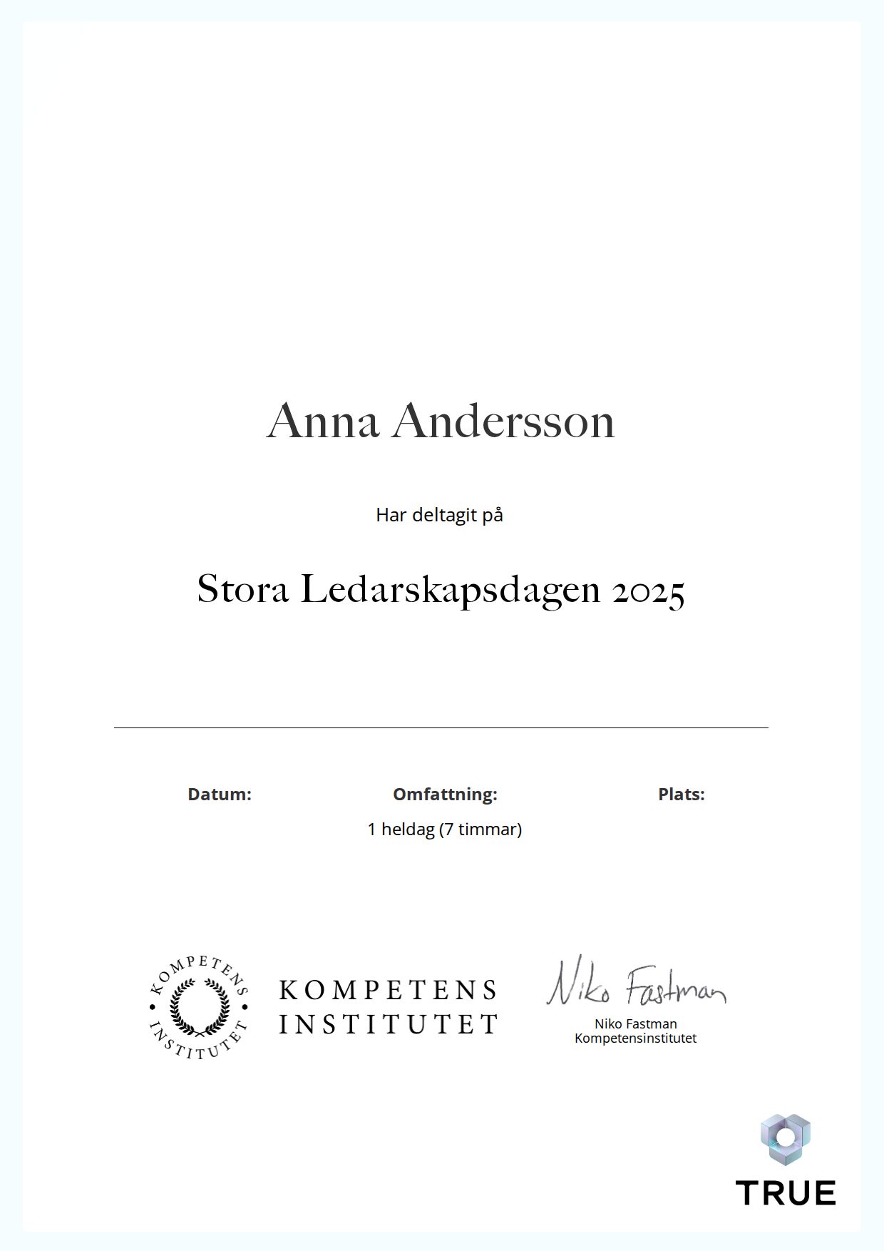 Exempel: diplom för Stora Ledarskapsdagen 2025 från Kompetensinstitutet