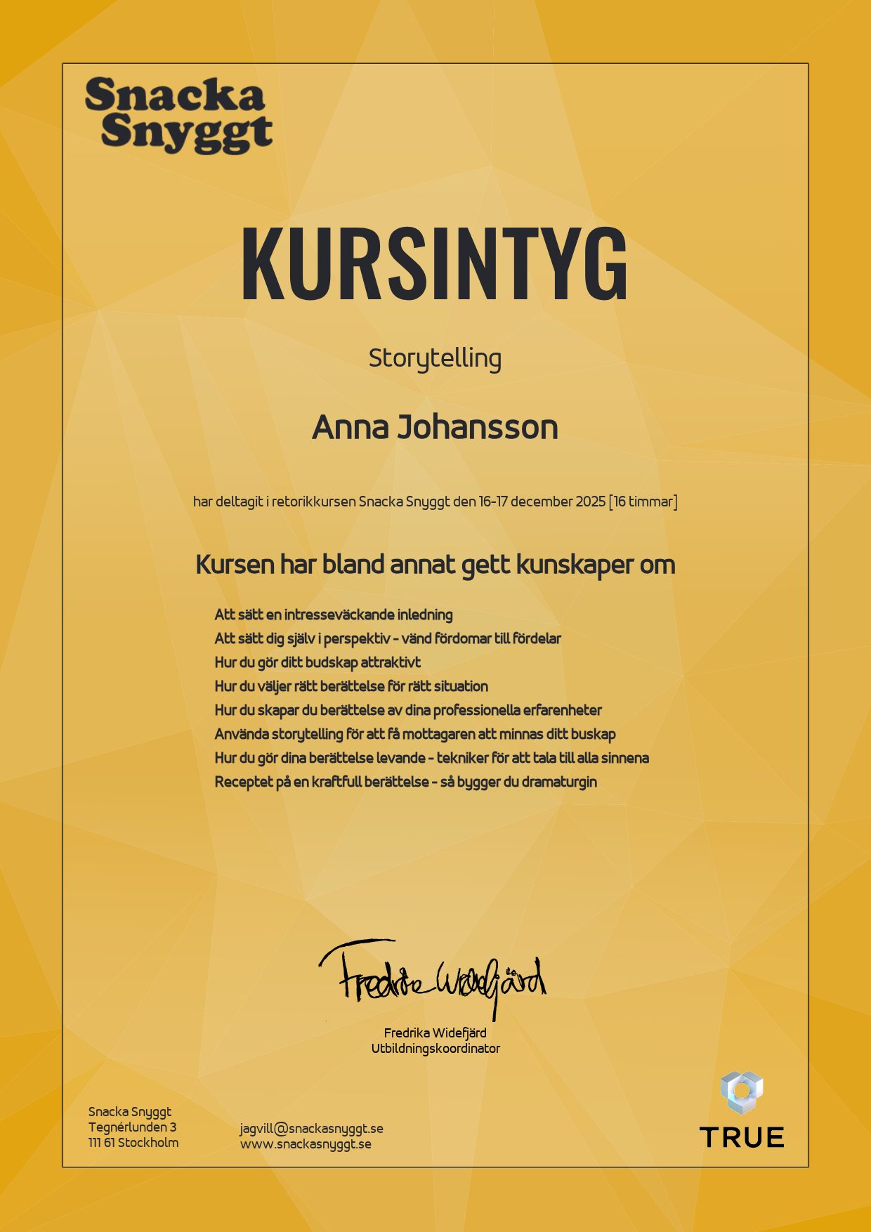 Exempel: diplom för Storytelling från Sveriges Kommunikatörer