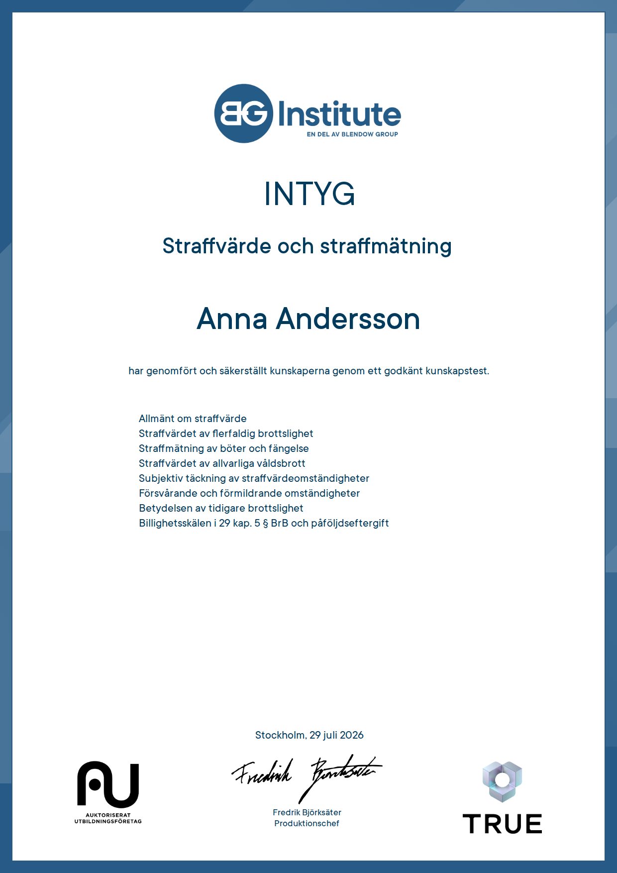 Exempel: diplom för Straffvärde och straffmätning från BG Institute - Blendow