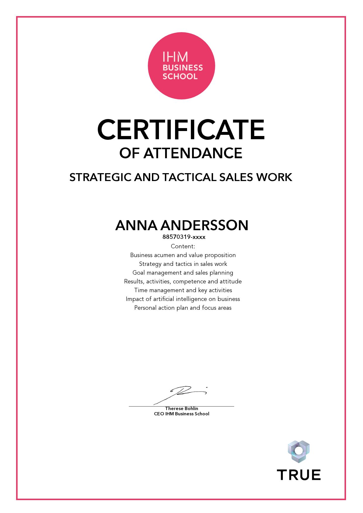 Exempel: diplom för Strategic and Tactical Sales Work från IHM Business School