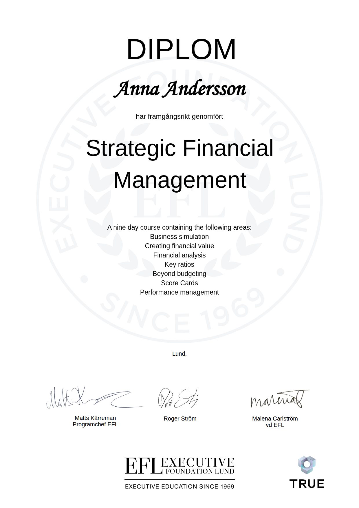 Exempel: diplom för Strategic Financial Management från EFL Executive Education