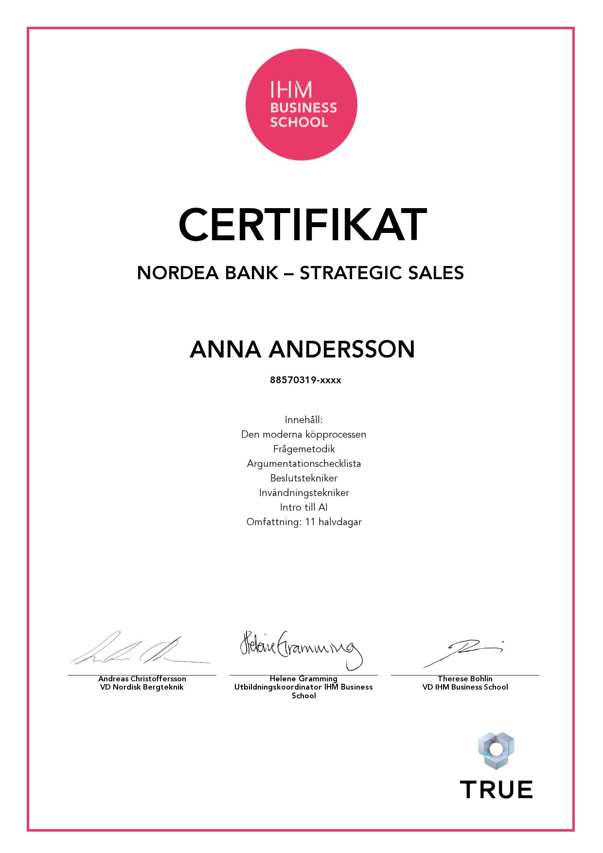 Example certificate for Nordea Bank – Strategic sales from IHM Business School