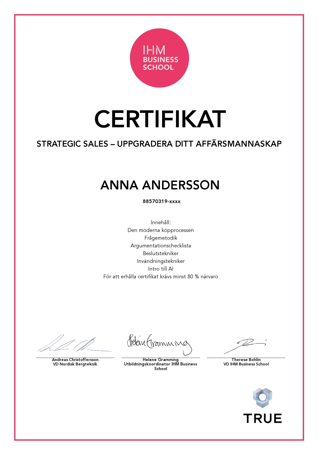 Exempel: diplom för Strategic sales – uppgradera ditt affärsmannaskap från IHM Business School