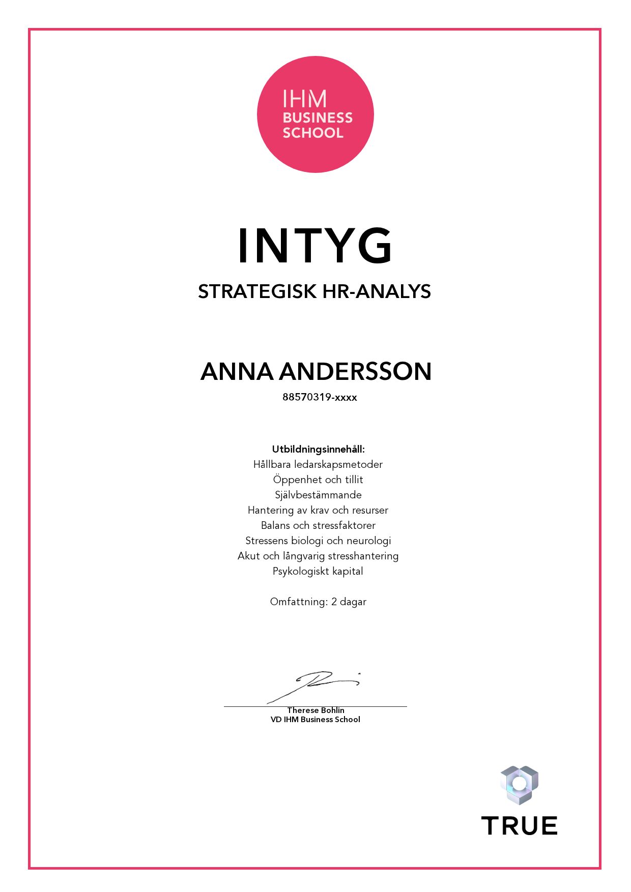 Exempel: diplom för Strategisk HR-analys från IHM Business School