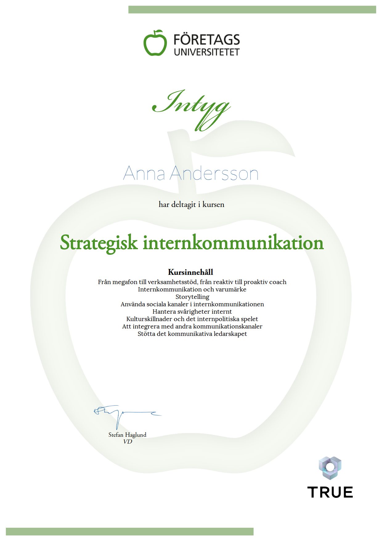 Exempel: diplom för Strategisk internkommunikation från Företagsuniversitetet