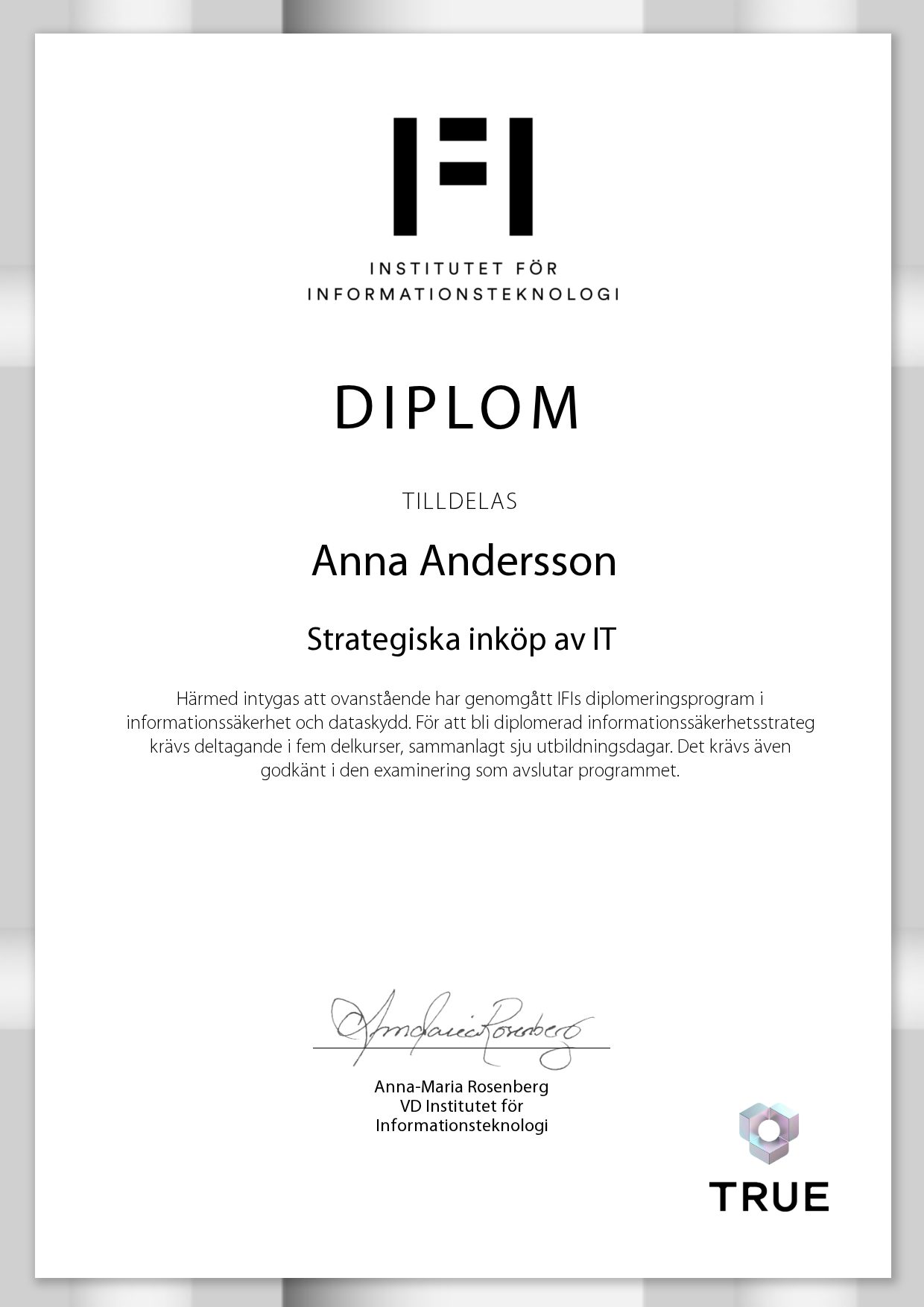 Exempel: diplom för Strategiska inköp av IT från IFI AB