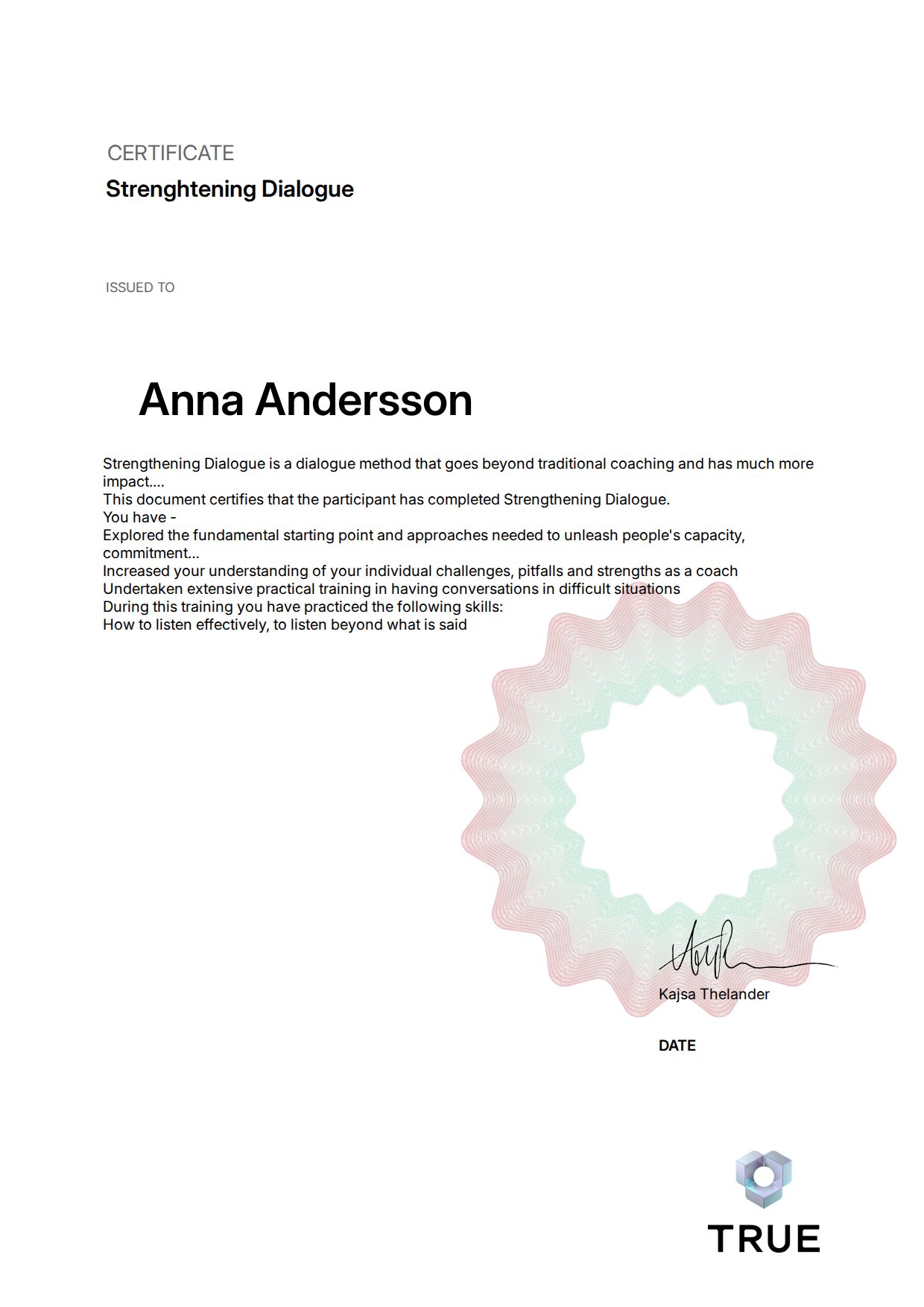 Example certificate for Strenghtening Dialogue from Tuff ledarskapsträning