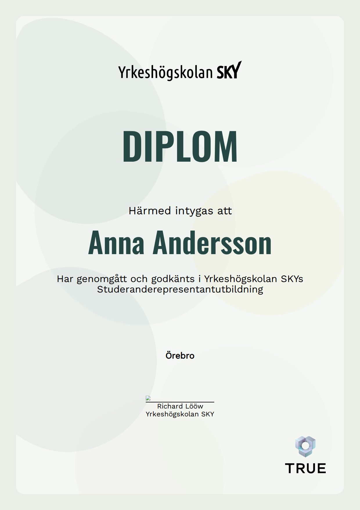 Exempel: diplom för Studeranderepresentantutbildning från Yrkeshögskolan SKY