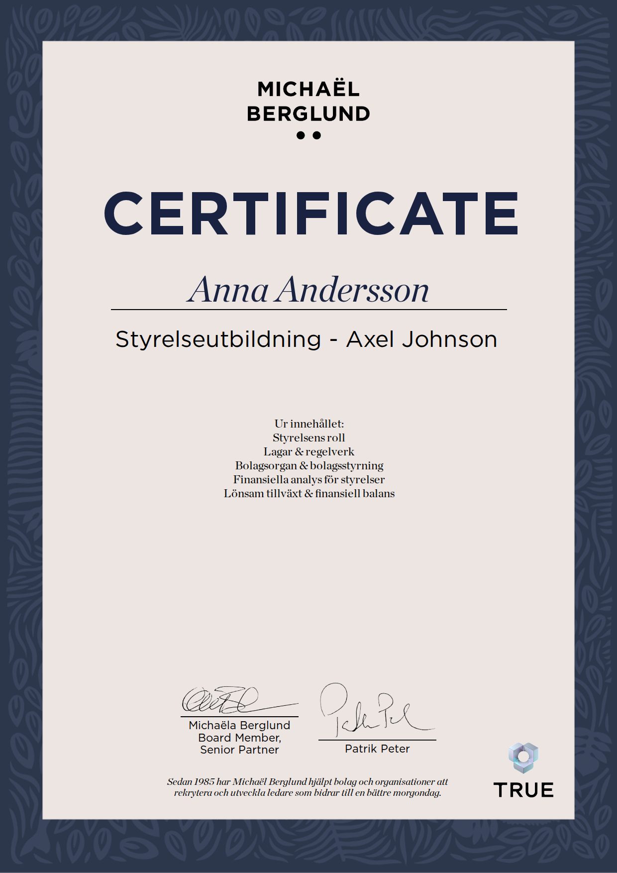 Example certificate for Styrelseutbildning - Axel Johnson from Michael Berglund