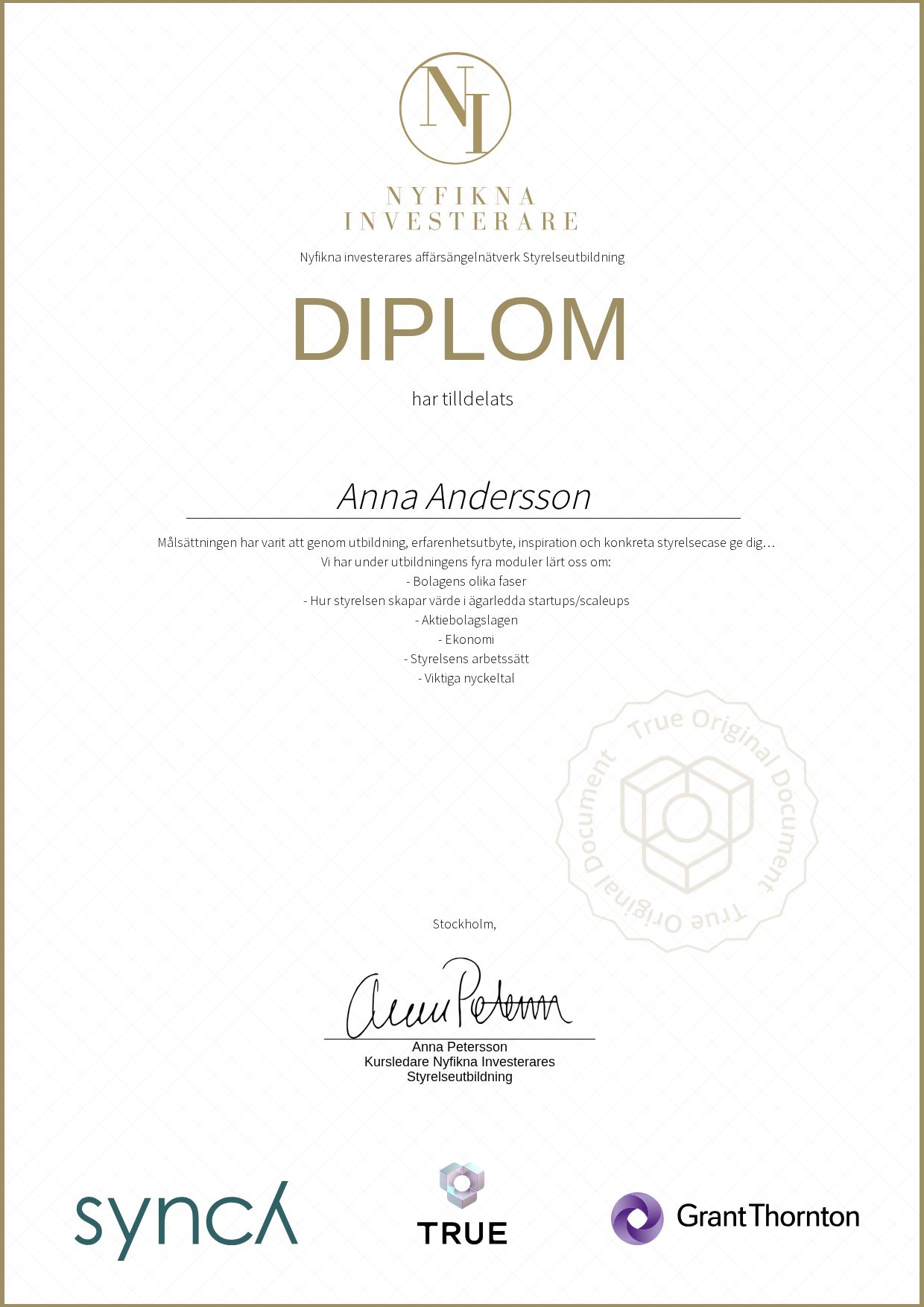 Example certificate for Styrelseutbildning from Nyfikna Investerare